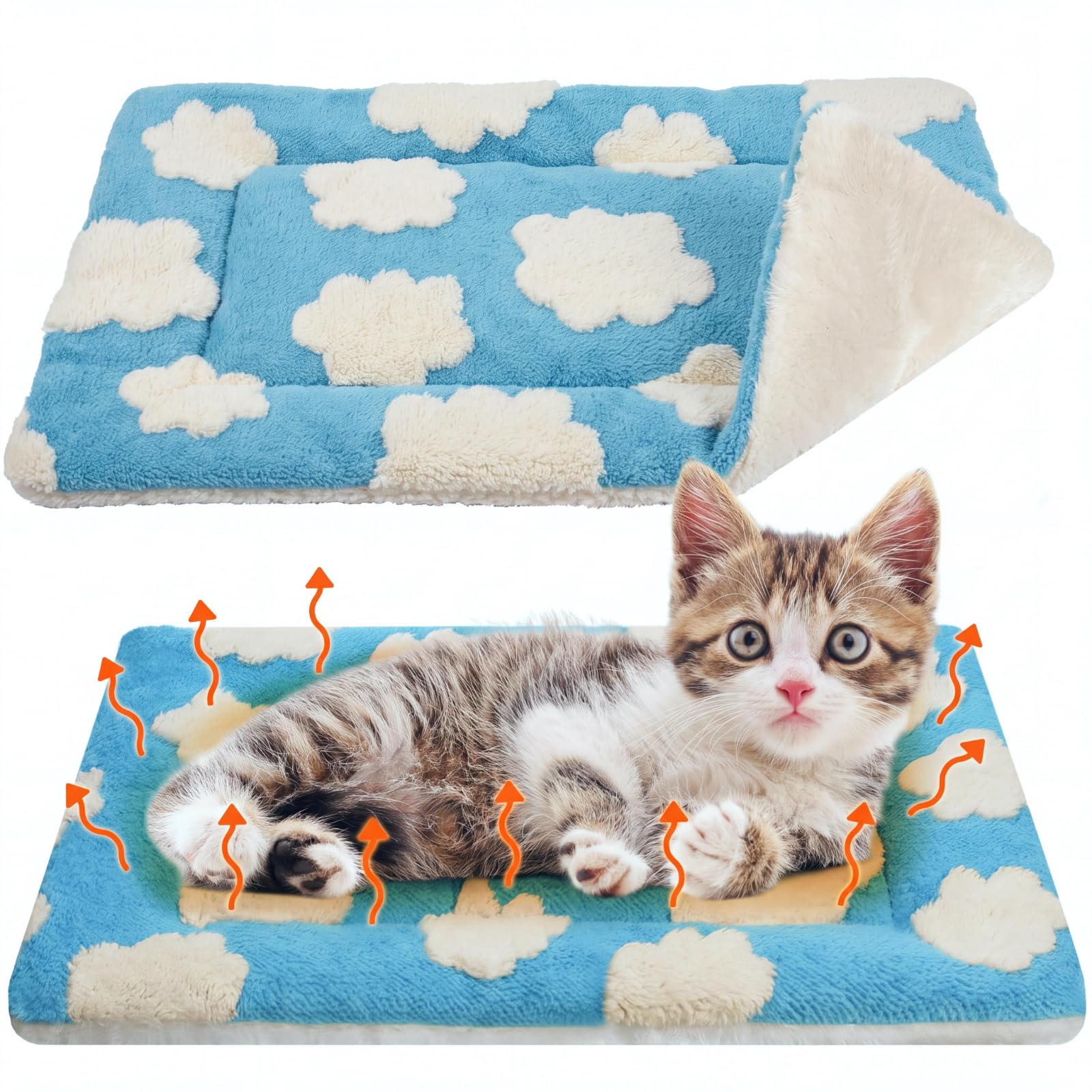 VitalCozy 2 Pack Self Warming Cat Mat Self Heating Pad Bed Reversible Machine Washable Reflects Body Heat Warm Thermal Pet Pad Crate Blanket for Feral and Indoor Cat (Blue, White,21" X 14",Clouds) — image 1