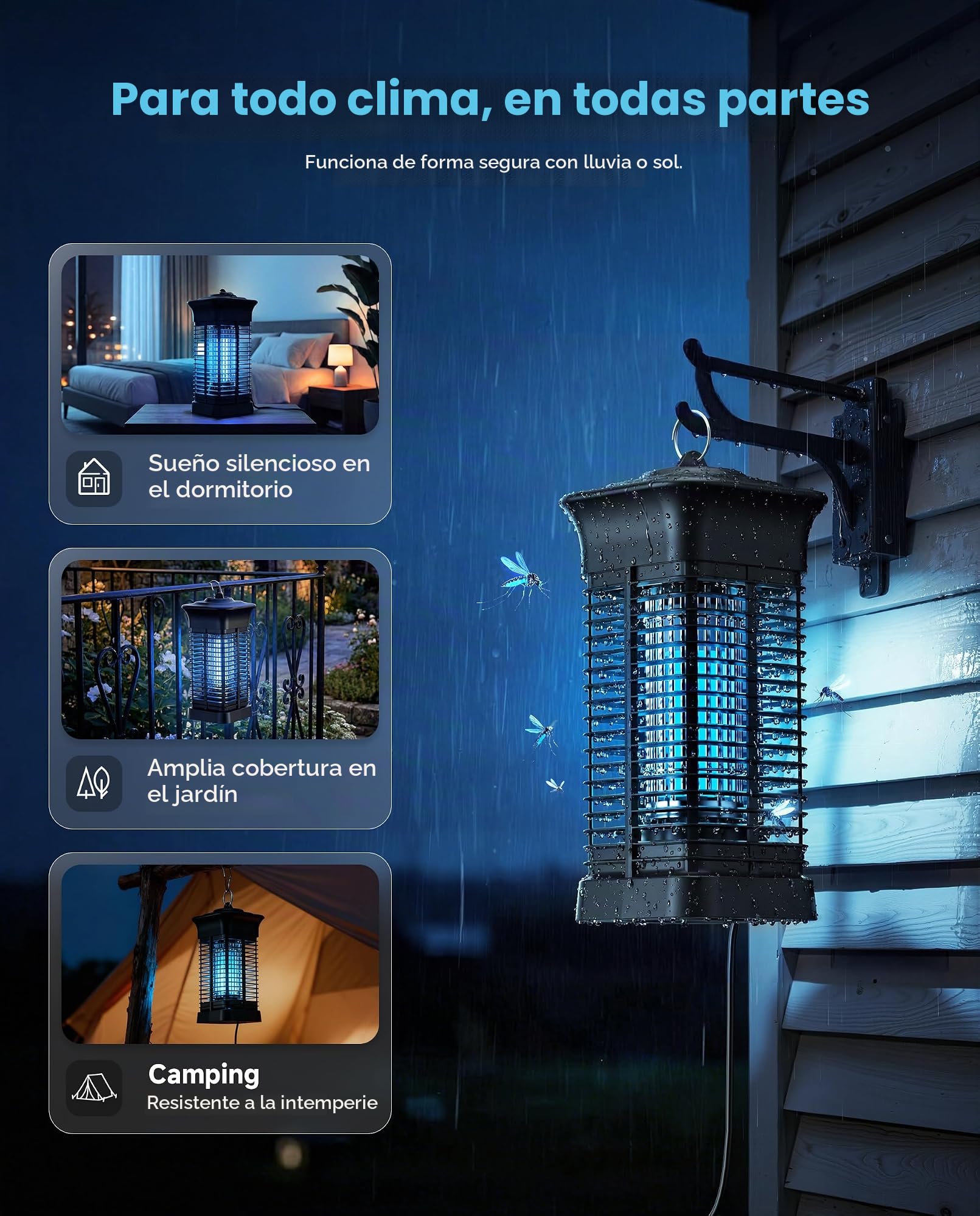 Lámpara Antimosquitos, 4200V UV Mata Mosquitos Electrico, Lampara Antimosquitos Exterior Interior, IPX4 Impermeable, Adecuado para Jardines, Salas de Estar, Camping Etc., Cable de 1,5 m