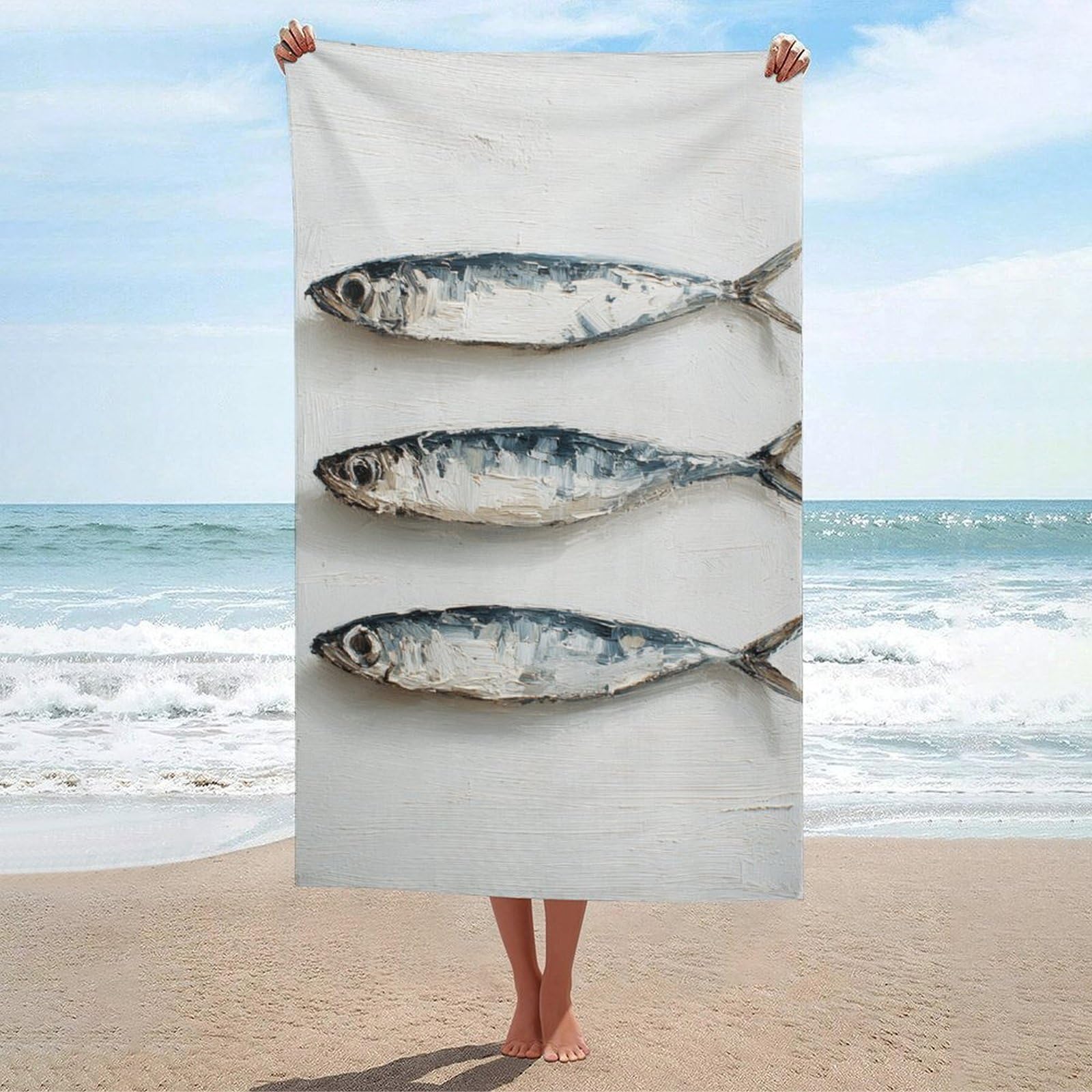 asbwuo Oil Painting of Three Sardines Beach Towel