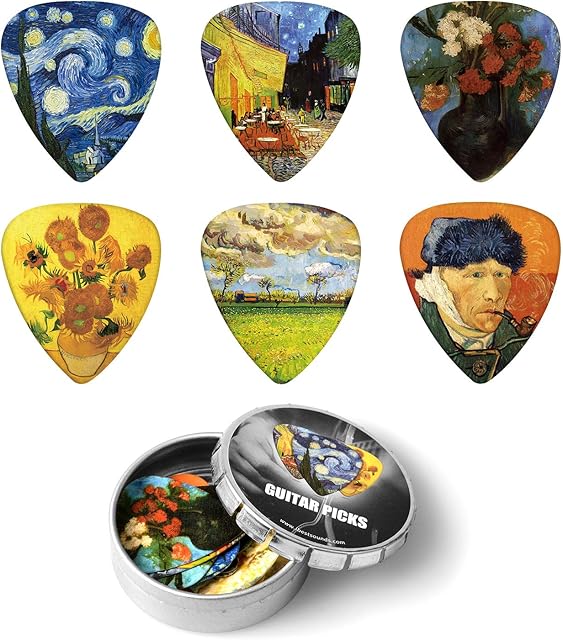 BestSounds 12 Pack Celluloid Guitar Picks Set, Van Gogh Guitar Picks, Metal Pick Storage Box - Unique Guitar Gift For Bass, Electric & Acoustic Guitars (0.71mm)