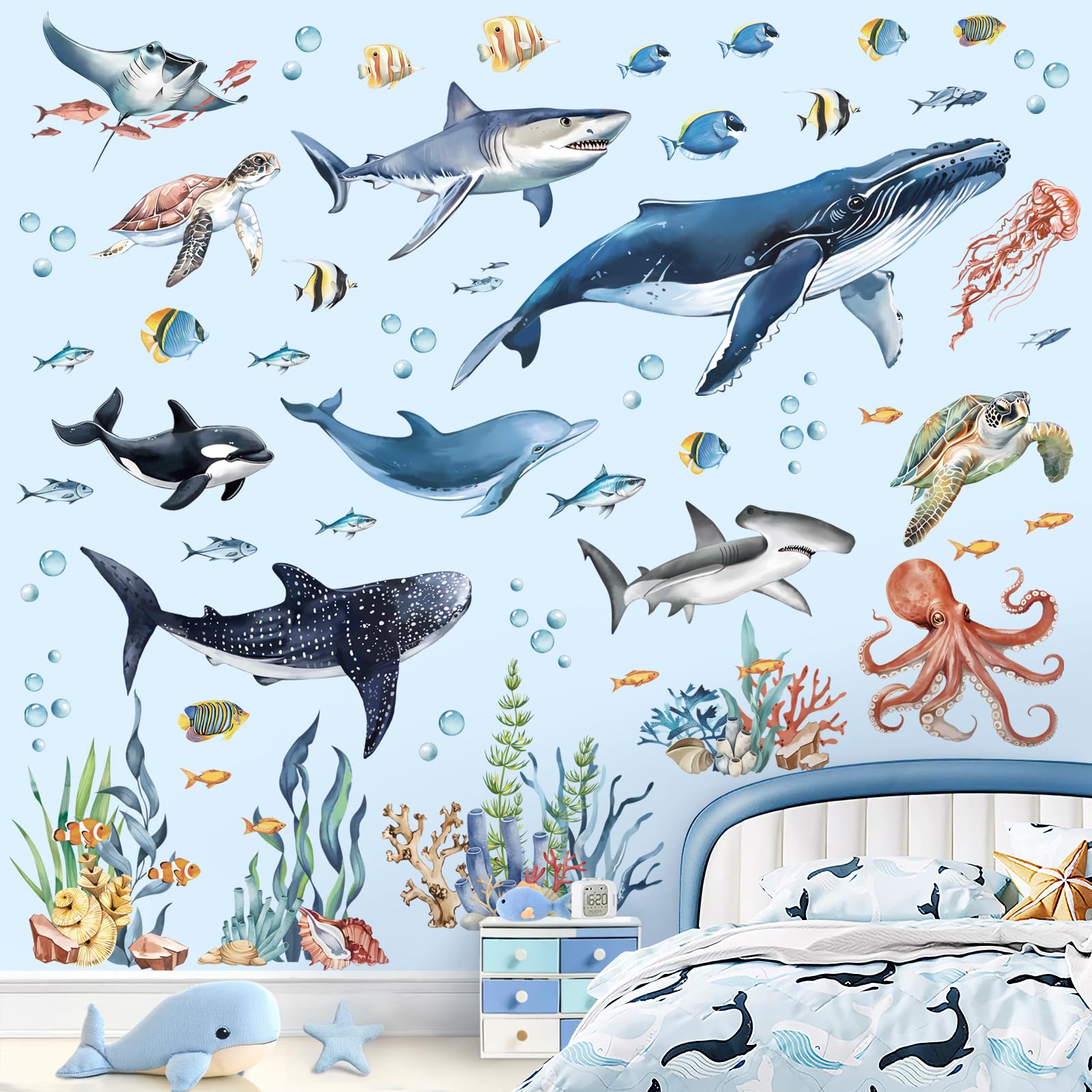 decalmile Under The Sea Fish Wall Decals Ocean Animal Sea Turtle Seaweed Whale Wall Stickers Bathroom Baby Nursery Bedroom Living Room Wall Decor - Image 3