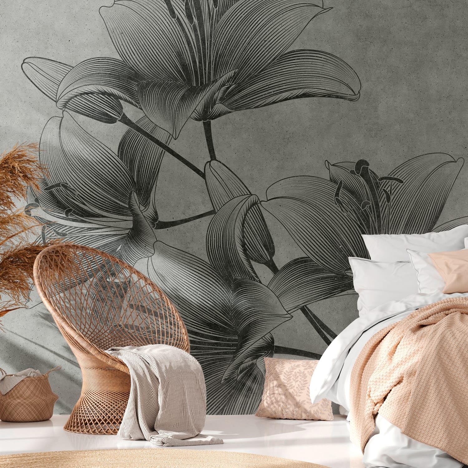 Papier peint floral intissé gris pour créer un salon design et cosy