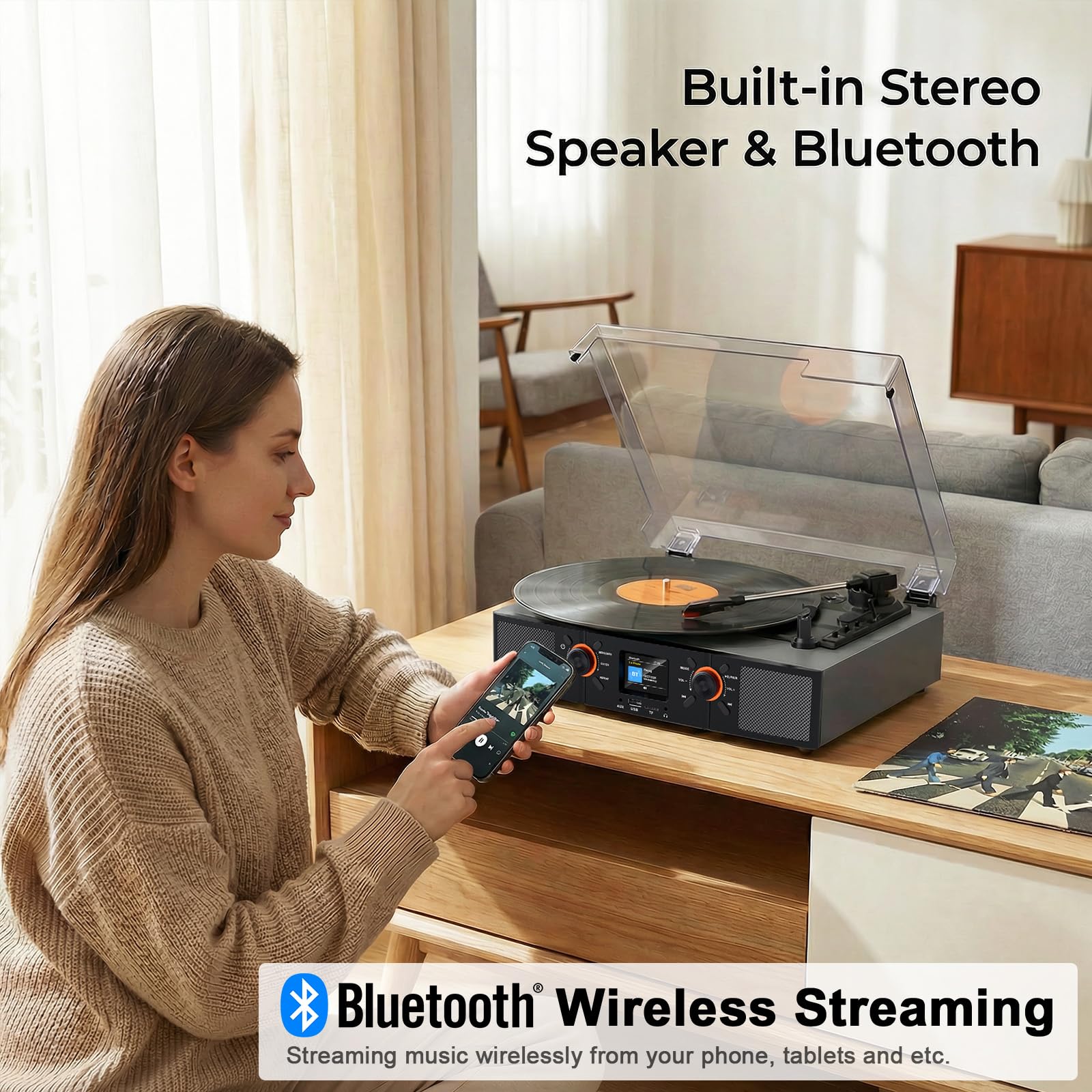 Giradischi in vinile con altoparlanti integrati, giradischi Bluetooth con trasmissione a cinghia a 3 velocità con display LCD, riproduzione USB, orologio, RCA, AUX e jack per cuffie, grigio