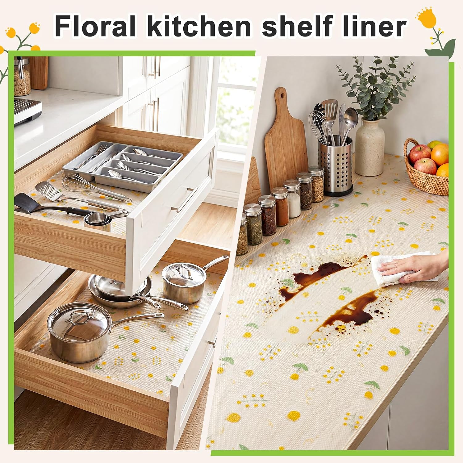 Beautysaid Shelf Liner Non Adhesive — EVA Drawer & Cabinet Liner, Waterproof Non Slip Kitchen Shelf Paper, Thick Washable Refrigerator Mat for Cabinet Shelves & Pantry, Floral, 12 in x 10 FT