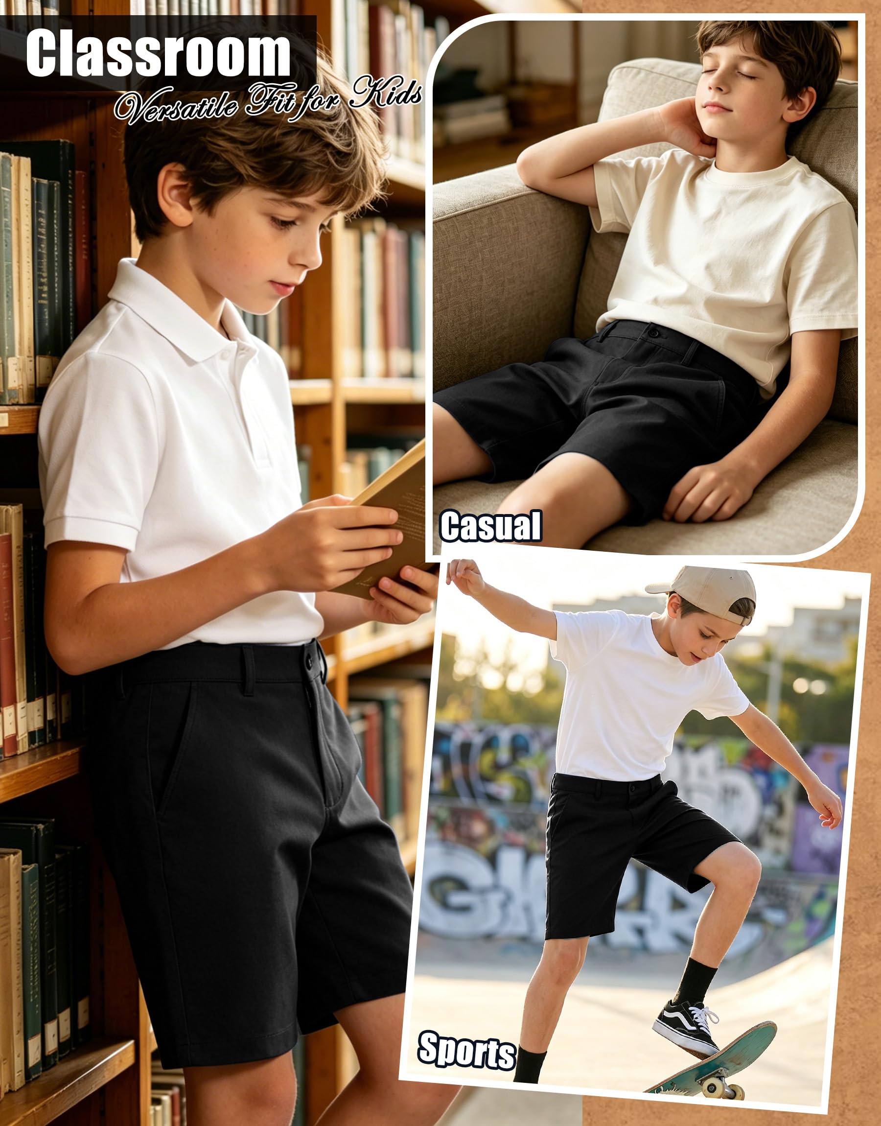 Pantalones Cortos Escolares Niños, Sin Plancha Shorts Uniforme con Cremallera Botón, Transpirable Cinturilla Elástica Pantalón Cortos Formales Deportes para Infantil Edad 7-13