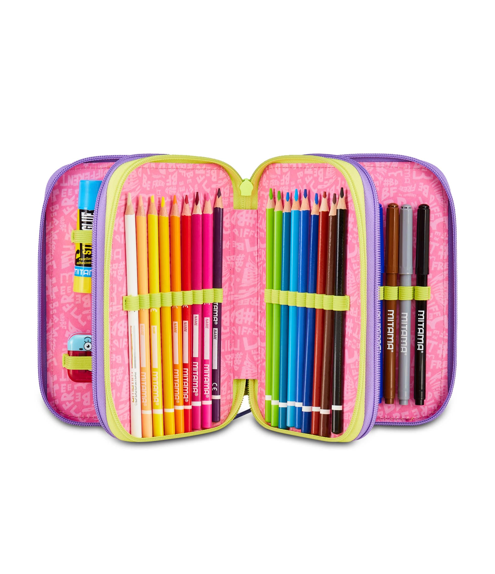 Mitama Astuccio Scuola 3 Scomparti, TRIPLO MUSIC STICKER, Contenuto 47 pz, Completo di Matite, Pennarelli, Portapenne Scuola Elementare Bambina
