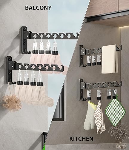 Miniatura 5 de Soporte para colgar abrigos de pared, organizador de secado de ropa negro, ganchos de aluminio retráctiles plegables para interiores para colgar en