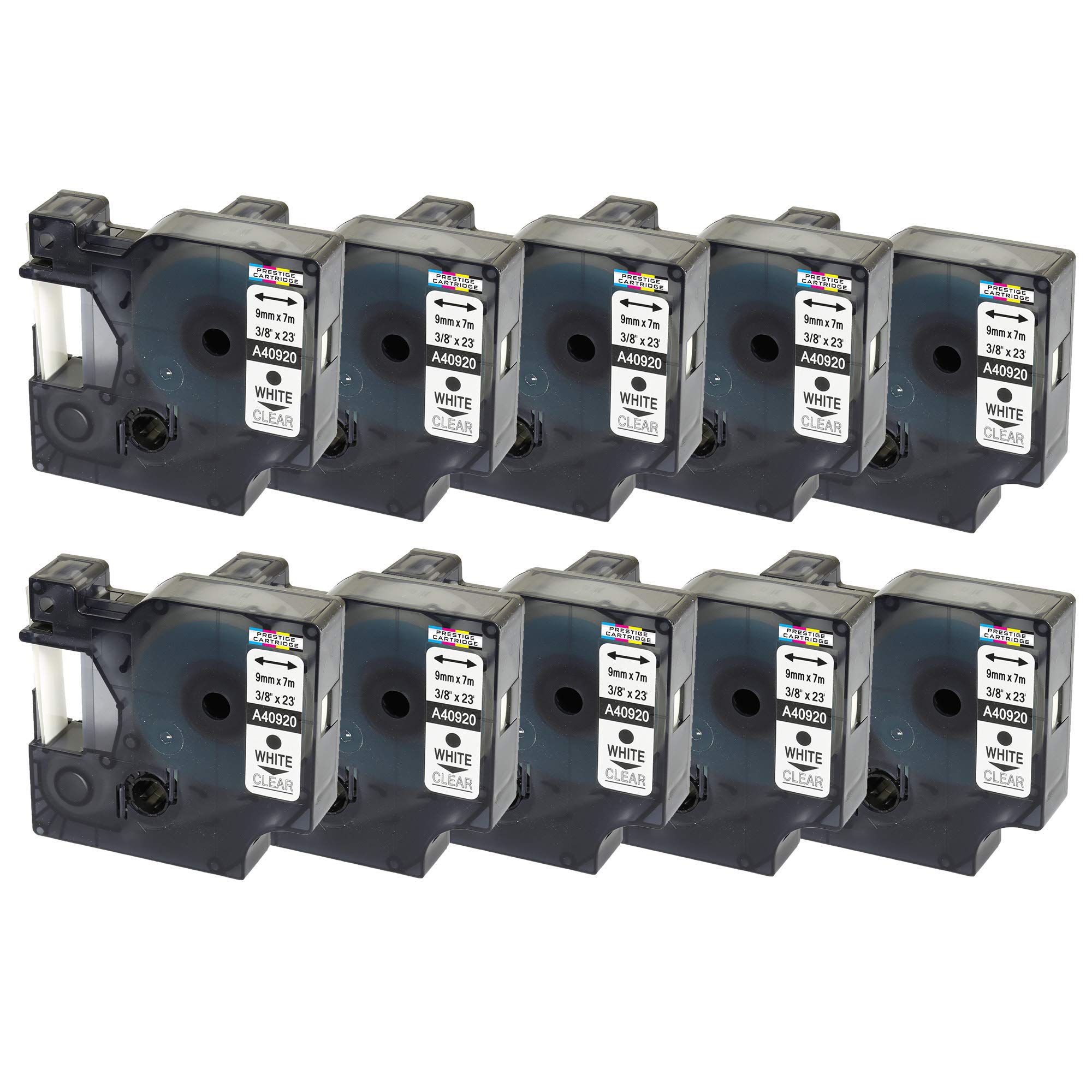10 Nastri 40920 bianco su trasparente 9mm x 7m Etichette compatibili per DYMO LabelManager LM 100 150 160 200 210D 260 280 300 350 350D 360D 400 420P 450 500TS PC PC2 PnP LabelWriter LW 400 450 Duo