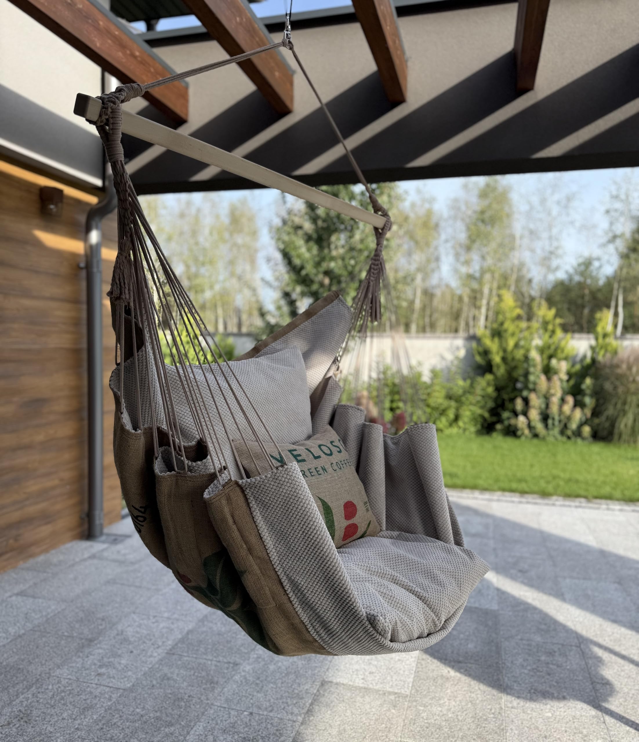 Izabell Fauteuil suspendu avec grands coussins - Chaise à bascule XXL et hamac pour intérieur et extérieur - Balançoire à café en sacs de jute (beige 2)