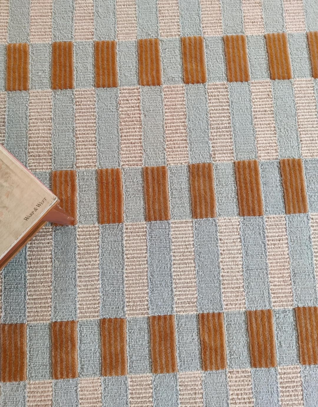 Geometric Area Rug with Scalloped Border, Blue Beige Orange Green, Textured Checkered Pattern, Modern Contemporary Style (270 * 270 cm)