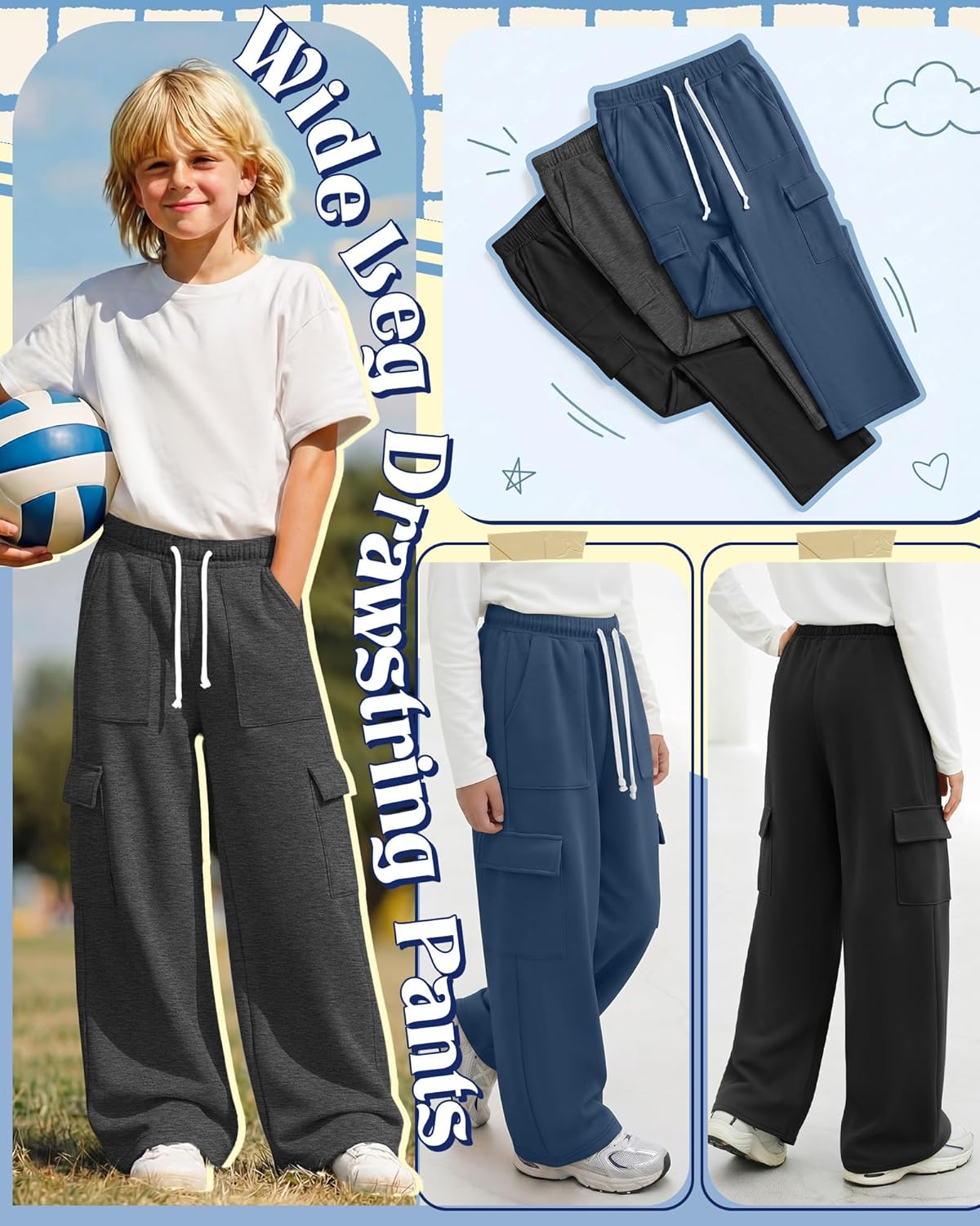 Oakgarden 3 Pack Boys Cargo Sweatpants Baggy Wide Leg Drawstring Pants Open Bottom Casual Workout Joggers 5-14Y