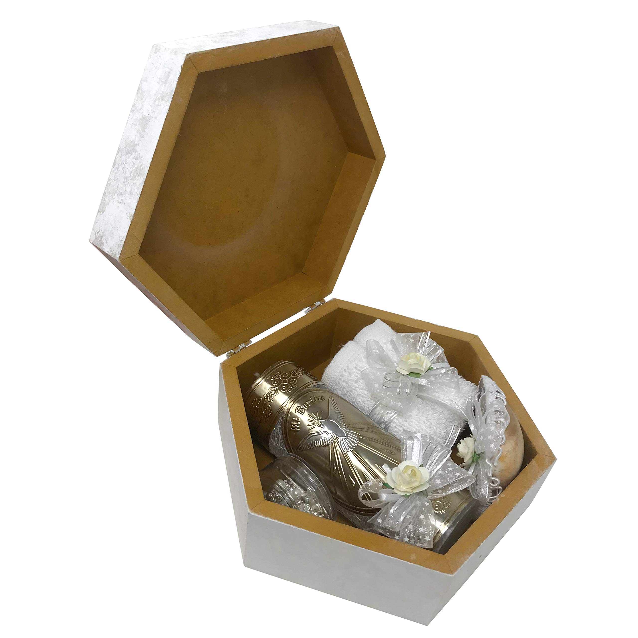 Arcangeles Mexicanos Catholic Baptism Candle Set in a Wooden Box with Towel, Candle, Rosary and Shell for Baby Boys and Girls. Handmade in Mexico