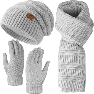Winter Womens Beanie Hat Scarf Gloves Set, Slouchy Beanie Knit Scarf Touchscreen Gloves Warm 3 Gift Set