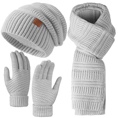 Pleneal Winter Womens Beanie Hat Scarf Gloves Set, Slouchy Beanie