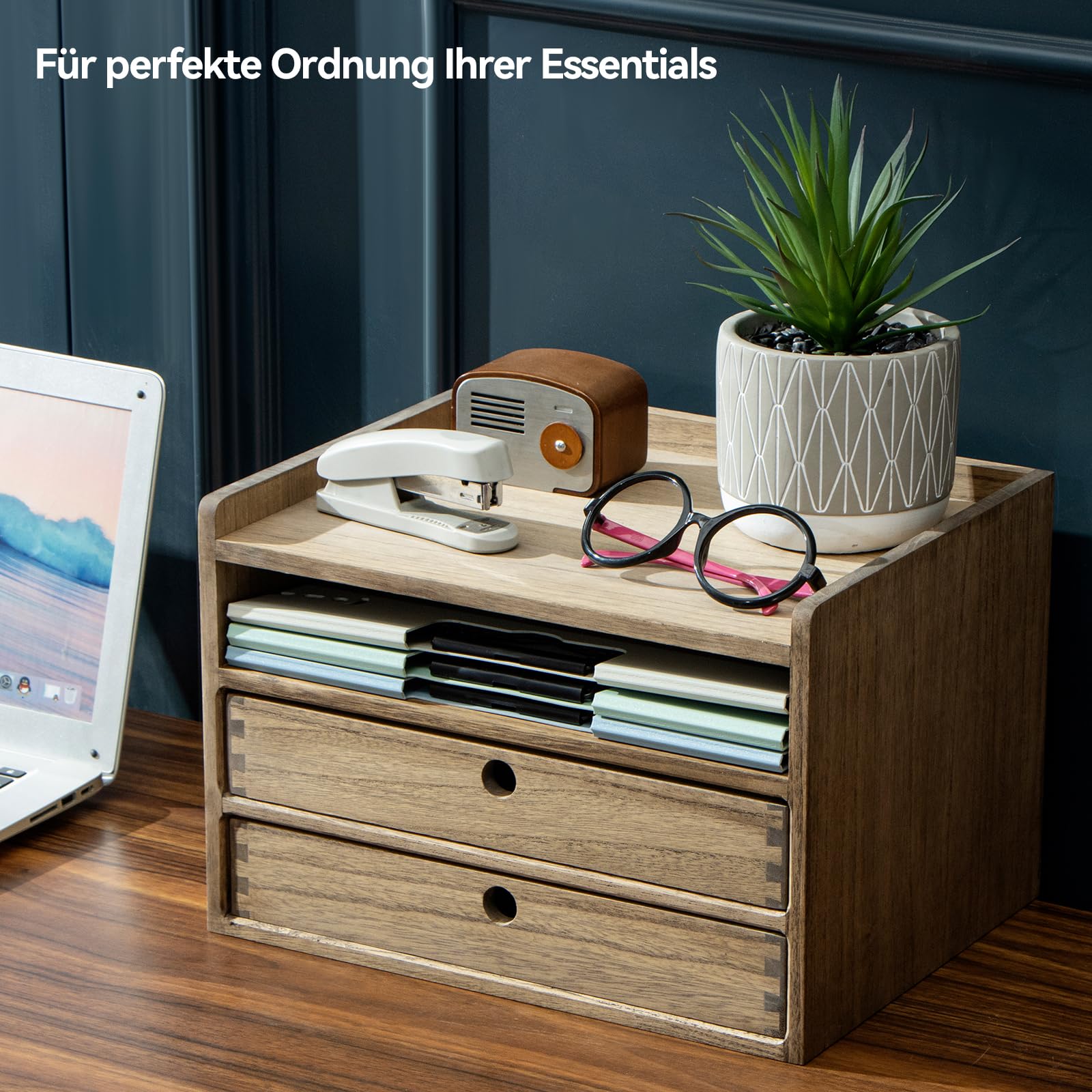 KIRIGEN Schreibtisch-Organizer Holz, A4-Ablagebox, 2 Schubladen, Braun | 35 x 27 x 23,5 cm, offenes Fach, Massivholz, handgefertigt, fertig montiert, Zapfenverbindungen, Pflanzenöl