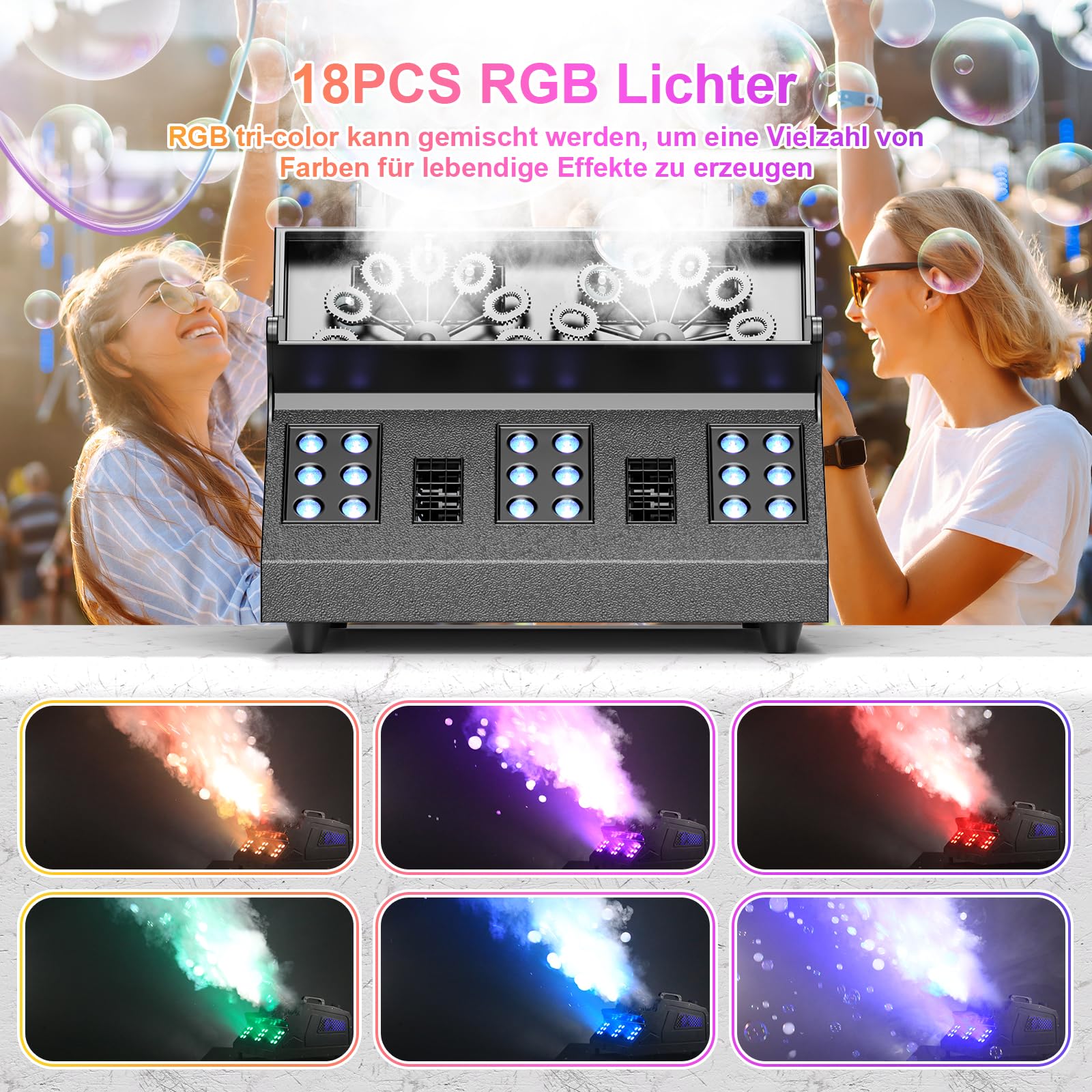 1500W Nebelmaschine mit Fernbedienung Seifenblasenmaschine Seifenblasen Maschine Bubble Double Maker Seifenblasenhersteller 18 LEDs Mit Farbwechsel für Outdoor Party Hochzeit Halloween Weddings