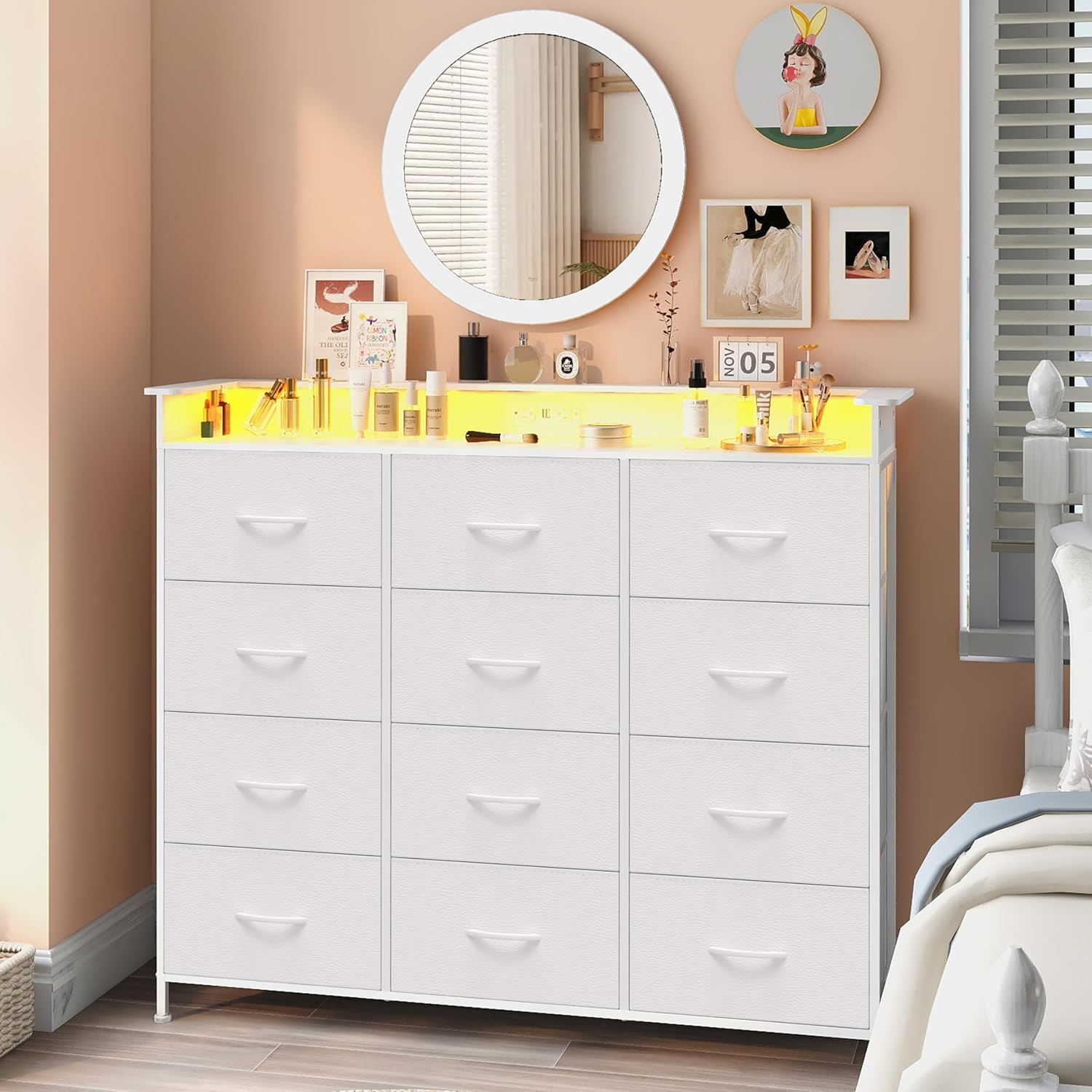 White Dresser with LED Lights and Charging Station for Bedroom 12 Drawers Dressers & Chest of Drawers Tall Dressers for Hallway Entryway Closets Living ROM Sturdy Steel Frame Wood Top
