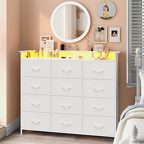 Cómoda Blanca con Luces LED y Estación de Carga para Dormitorio, 12 Cajones, Cómodas y Cajoneras, Cómodas Altas para Pasillo, Entrada, Closets, Sala