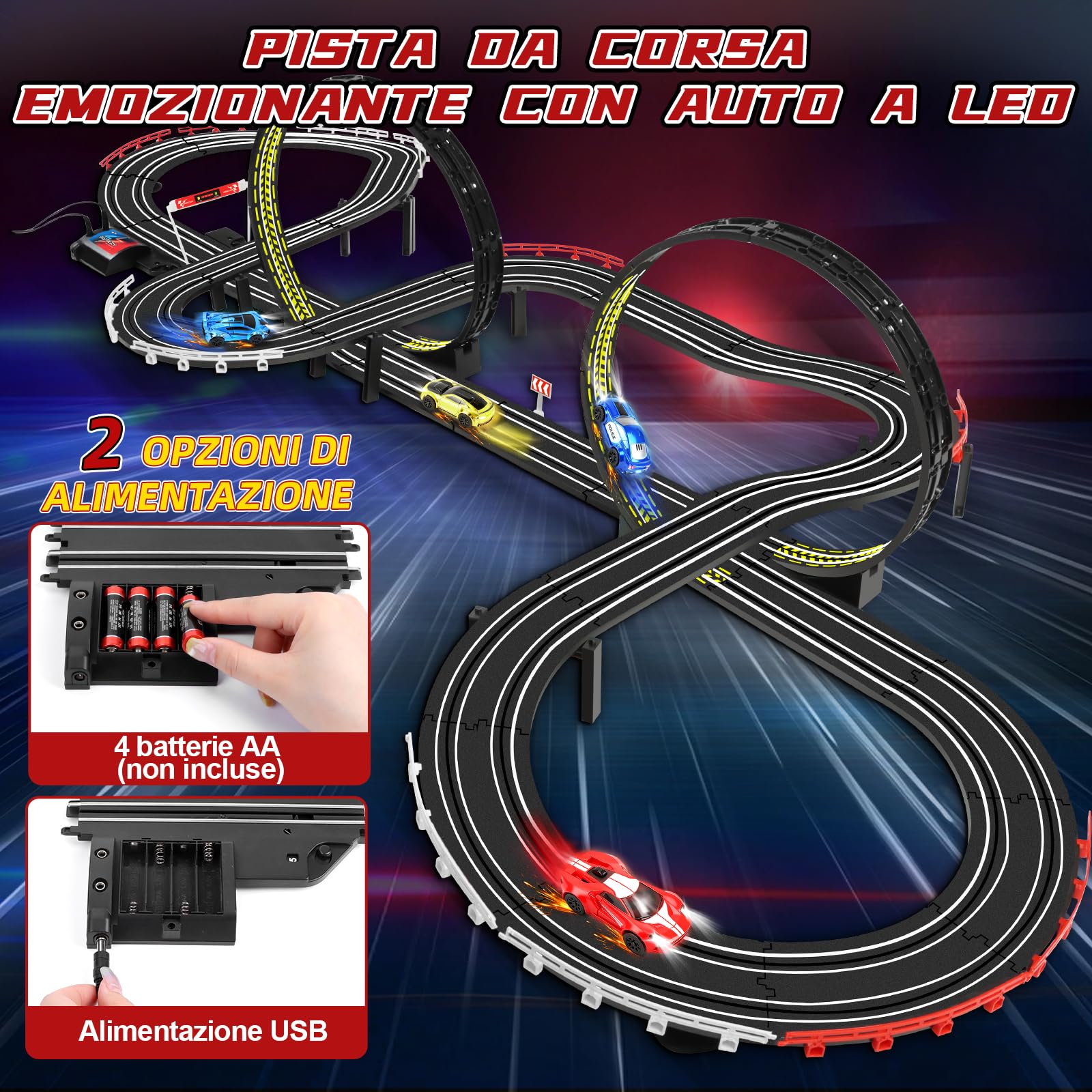 JONRRYIN Piste Corsa Elettriche, 1:64 Pista Macchine Telecomandate Extra-Lungo Piste Auto - 4 Led Macchine, USB, Comandi, Contatore, Passaggio A 360°, Giocattoli Regali Piste Corsa Bambini 3+ Anni