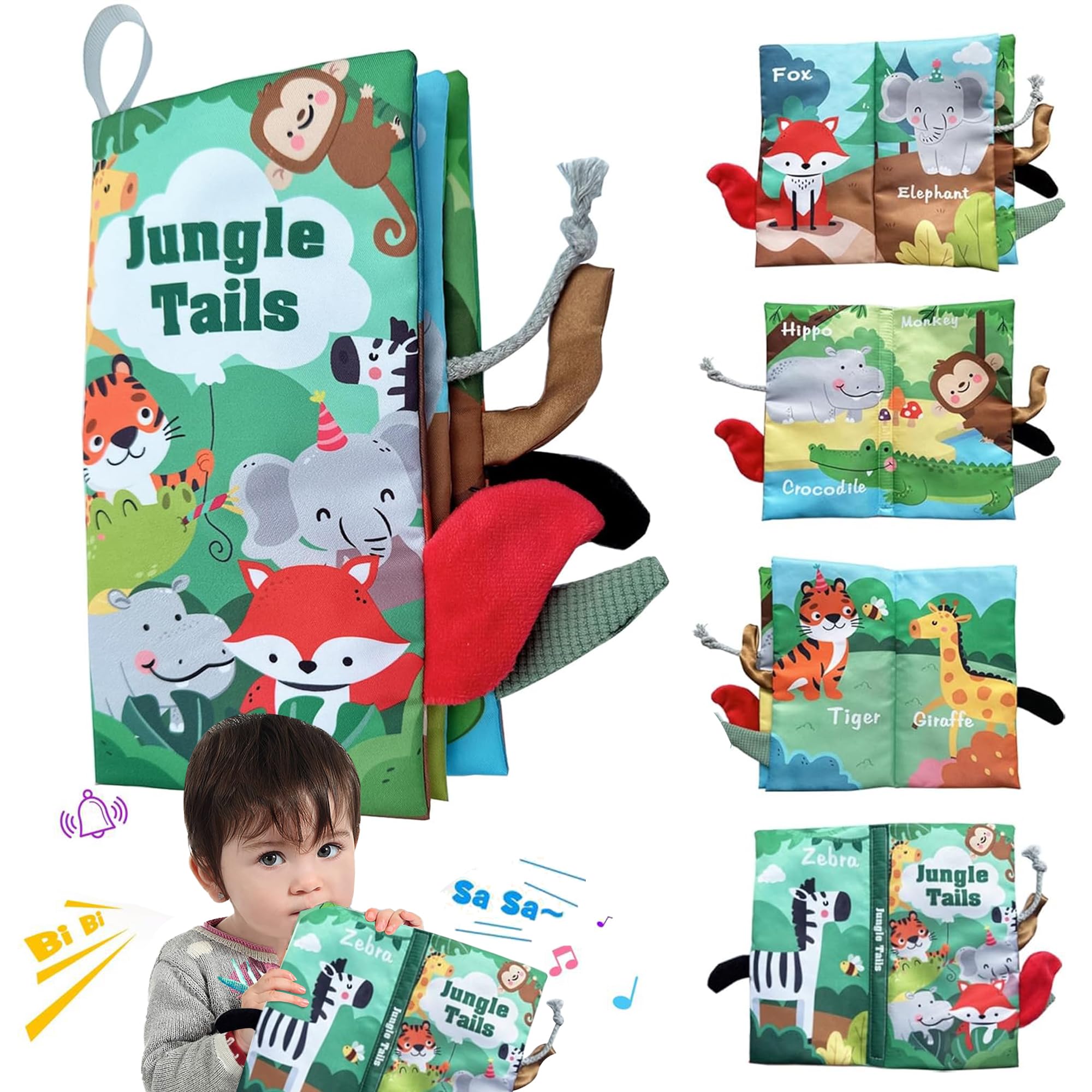VIVATRA Learning Tails Book, Children's Tail Cloth Book Set, Tear Resistant Books with Rustling Sound, Early Educational Toy for 0-3 Years, Boys & Girls, Ideal for Baby Showers | Jungle Tails-image-1