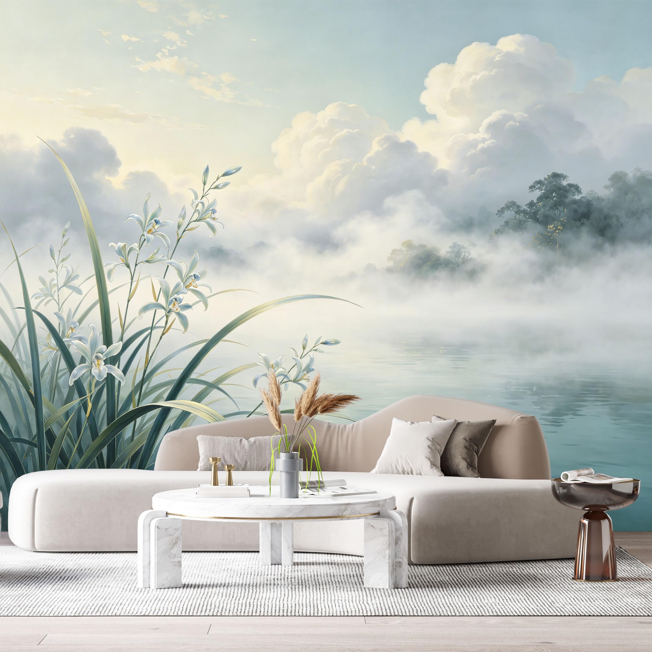 Custom Size Wall Murals Misty Lake Botanical Watercolor White Lily Landscape Clouds SelfAdhesive Wall Fabric Removable Large Wallpaper for Photo Living Room