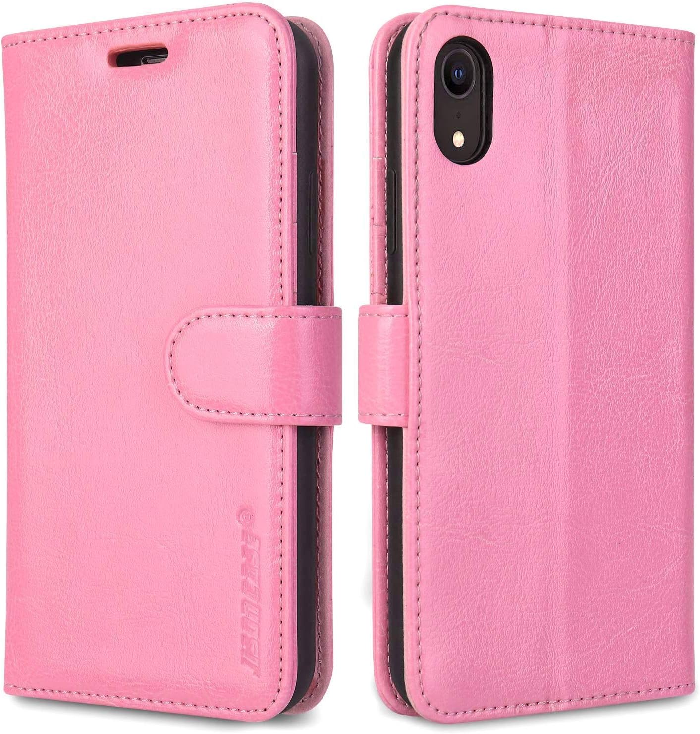 JISONCASE Leather Wallet Case for iPhone XR, Flip Genuine Leather Cover with Kickstand, Cash Slot, Magnetic Closure and Wireless Charger for Apple iPhone XR, 6.1", Pink