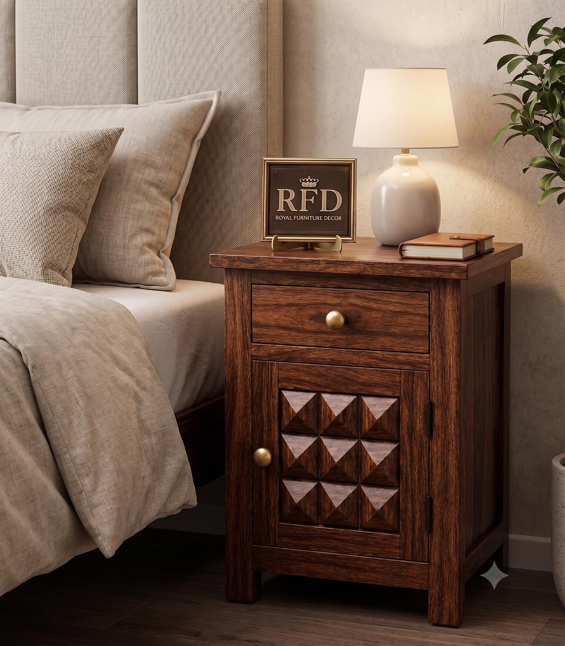 Solid Wood Bedside Table with Drawer & Cabinet | Geometric Carved Door, Brass Knob Hardware, Walnut Brown Finish, Bedroom Storage, 1 Drawer 1 Door-image-25