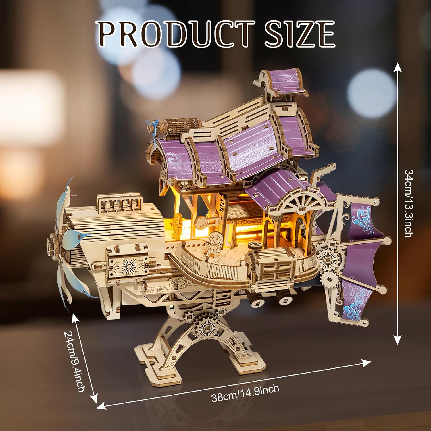 Wooden 3D Puzzle for Adults - DIY Spacecraft Model Kit with LED Lights, Mechanical Assembly Building Set, Creative Craft Gift for Friends and Family, Age 14+