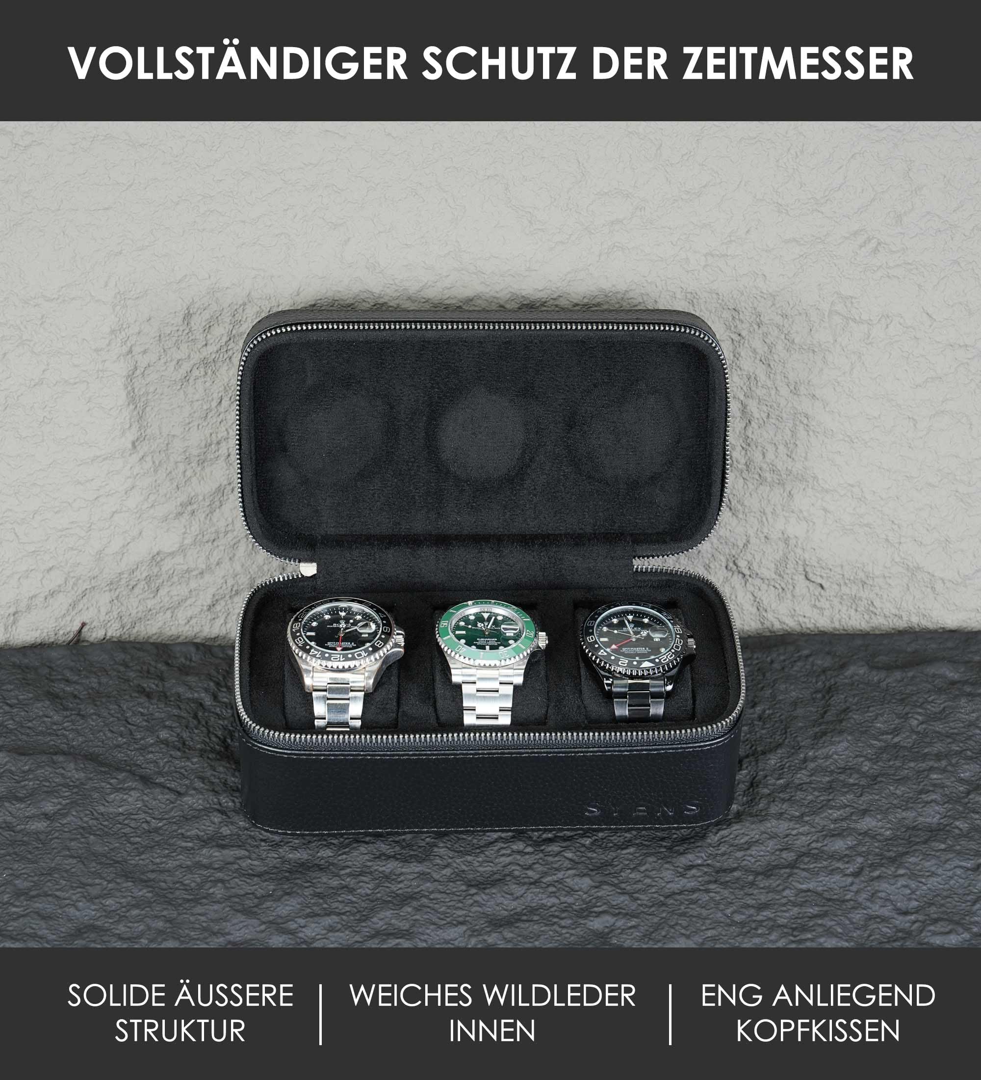 Boîte de voyage en cuir véritable pour homme et femme - Organiseur de rangement avec fermeture éclair en daim pour la protection - Convient à toutes les montres jusqu'à 60 mm (3W-Z-BBL)