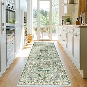 Madane Runner Rug 2'6''x8' Kitchen Runner, Hallway Runner Printed Vintage Washable Rugs Soft Non-Slip Low Pile Runners for Hallways Laundry Room Rug Distressed Rug, Green