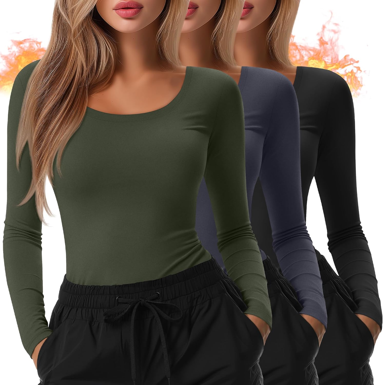 3 Pack Women's Underscrub Shirts Long Sleeve Thermal Scrub Undershirts Nurse Fleece Scoop Neck Slim Fit Layering Top