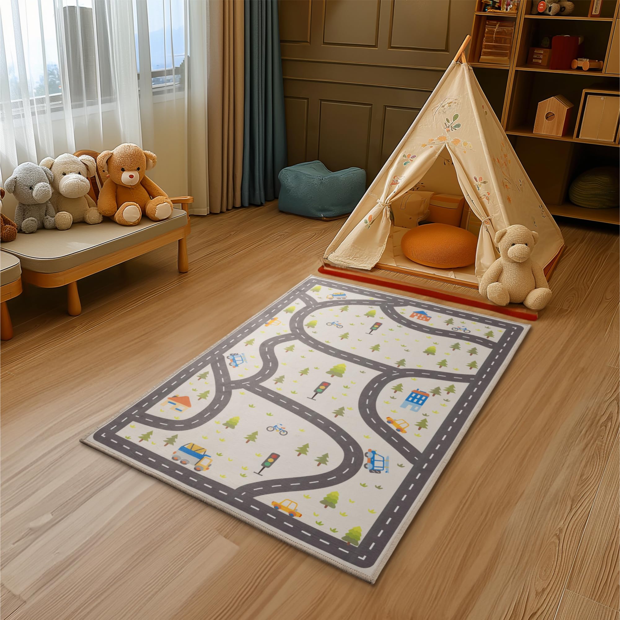 Navaris Alfombra Infantil Habitacion - Alfombra Niños Habitacion 120x80 cm - Alfombra Juegos con Carreteras - Alfombra Carretera Infantil Antideslizante - Alfombra Infantil Coches