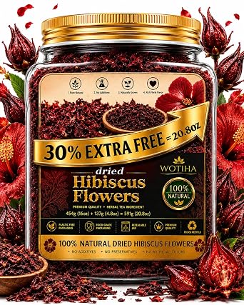WOTIHA Whole Dried Hibiscus Flowers 20.8oz Jar For Agua de Jamaica Iced Tea