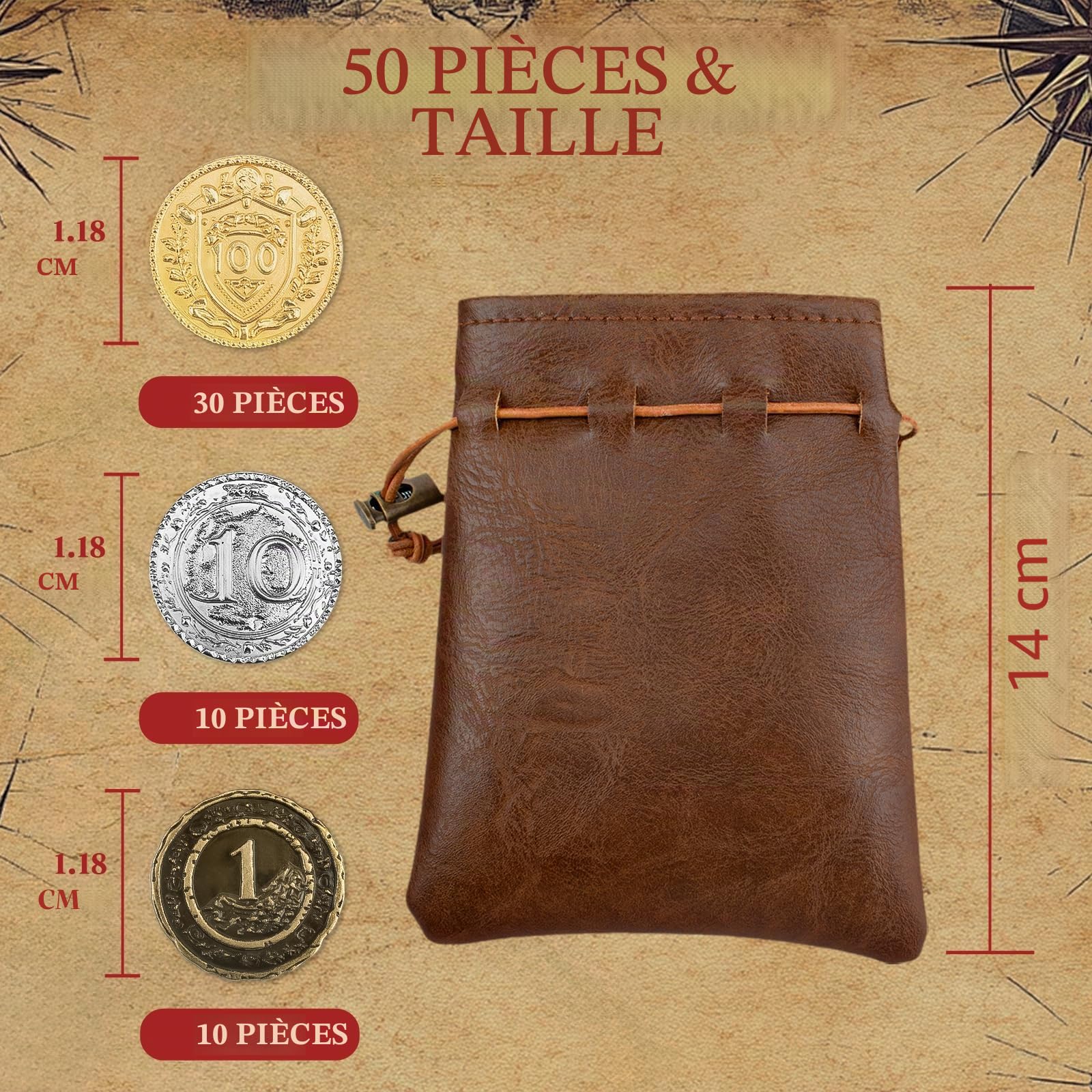 Byhoo Lot de 50 pièces DND métal 1,2" Or argenté et cuivre Pièces fantaisie pirate Valeur faciale jeu société RPG