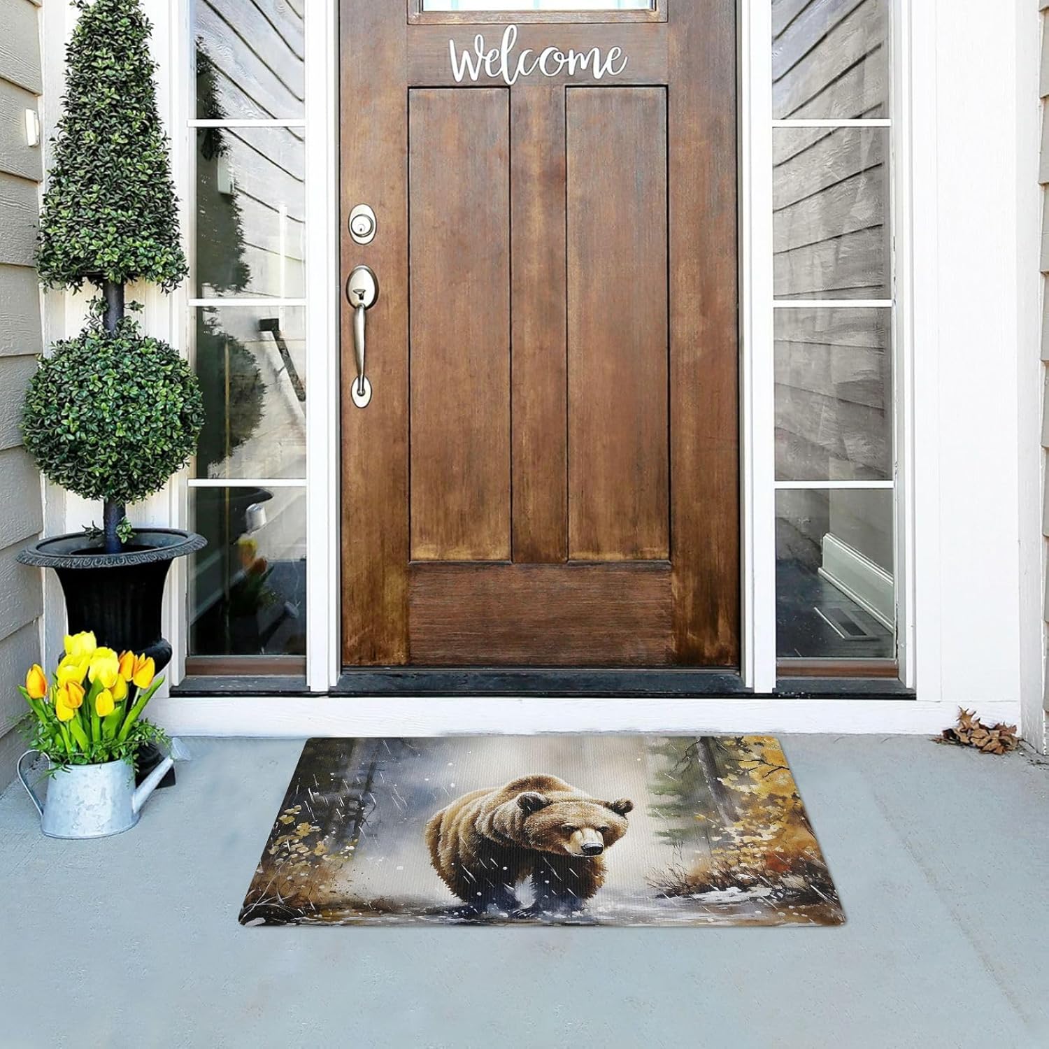 Doormat Bear Art Forest Leaf Funny Front Doormat for Outdoor Indoor Entrance Low Profile Non-Slip Floor Mats for Home Decor 20 x 32 in