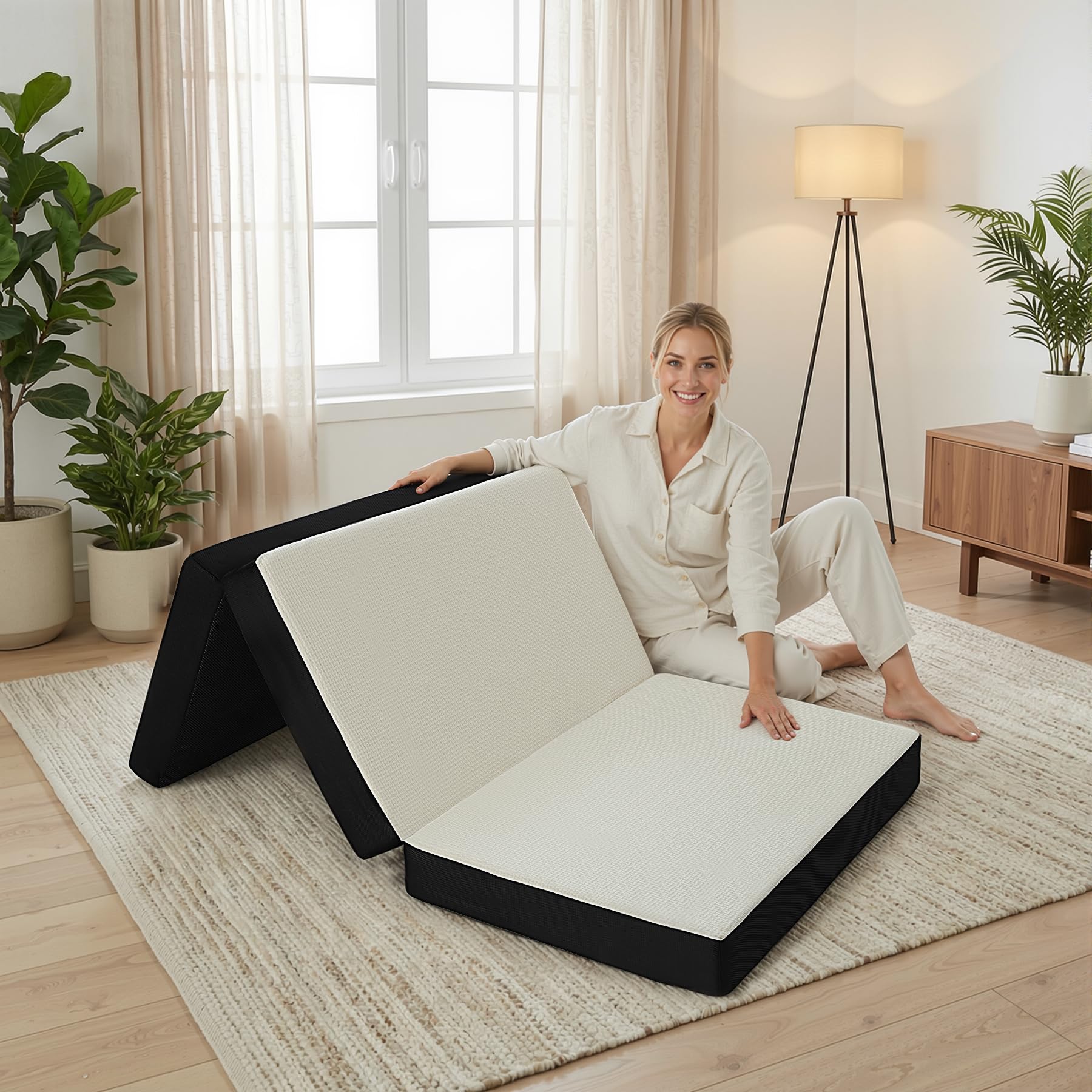 foldable mattress twin, memory foam tri fold mattress with removable washable cover, 4 inch folding floor mattresses sleeping pad for guest, rv, travel, camping, white, 75"x38"x4"
