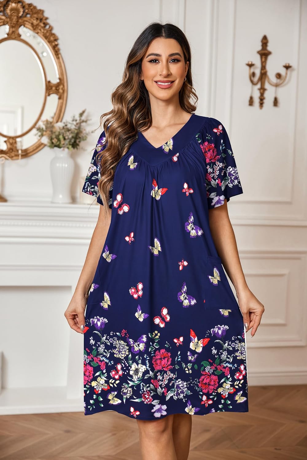 Ekouaer Womens House Dress Floral Print Moo Moos Nightgowns Moomoo Dresses Mumus with Pockets - Image 2