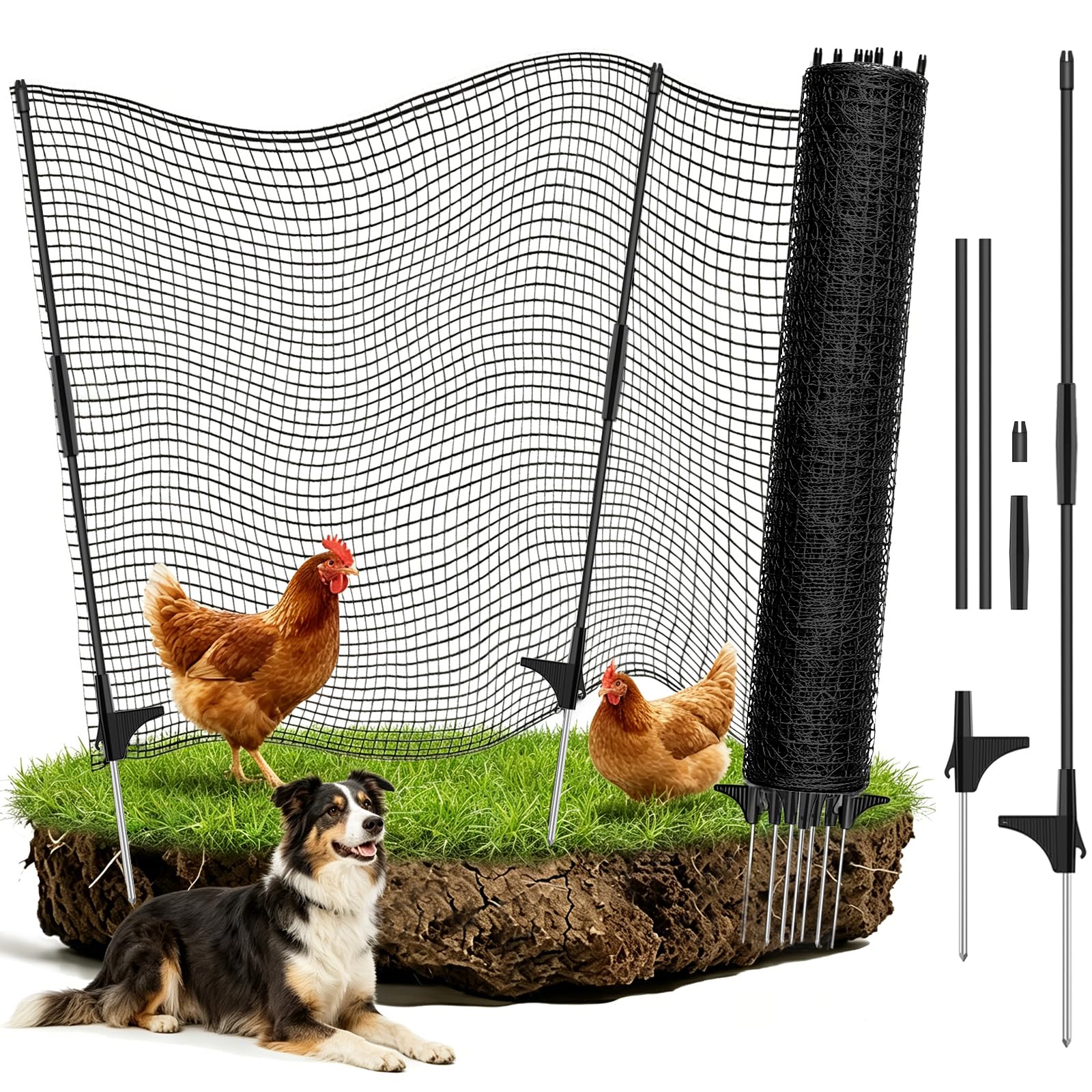 RIFNY mobilne ogrodzenie dla kur, ogrodzenie dla psów, 80 cm x 15 m, na kemping | Ogrodzenie ogrodowe ze słupkami, siatka o wąskich oczkach dla psów, kur i małych zwierząt
