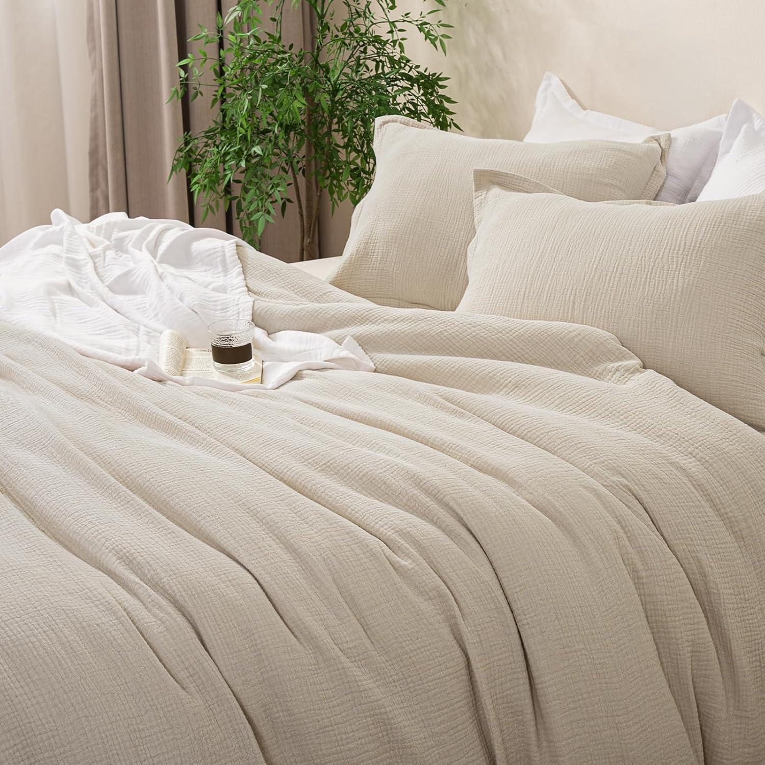 David's Home Cotton Muslin Comforter Set King Size, Soft Lightweight Breathable Cozy Skin-Friendly, 3PCS Linen Like Gauze Bedding with Pillow Shams, Aesthetics Home Decor & Giftable, Natural - Image 9