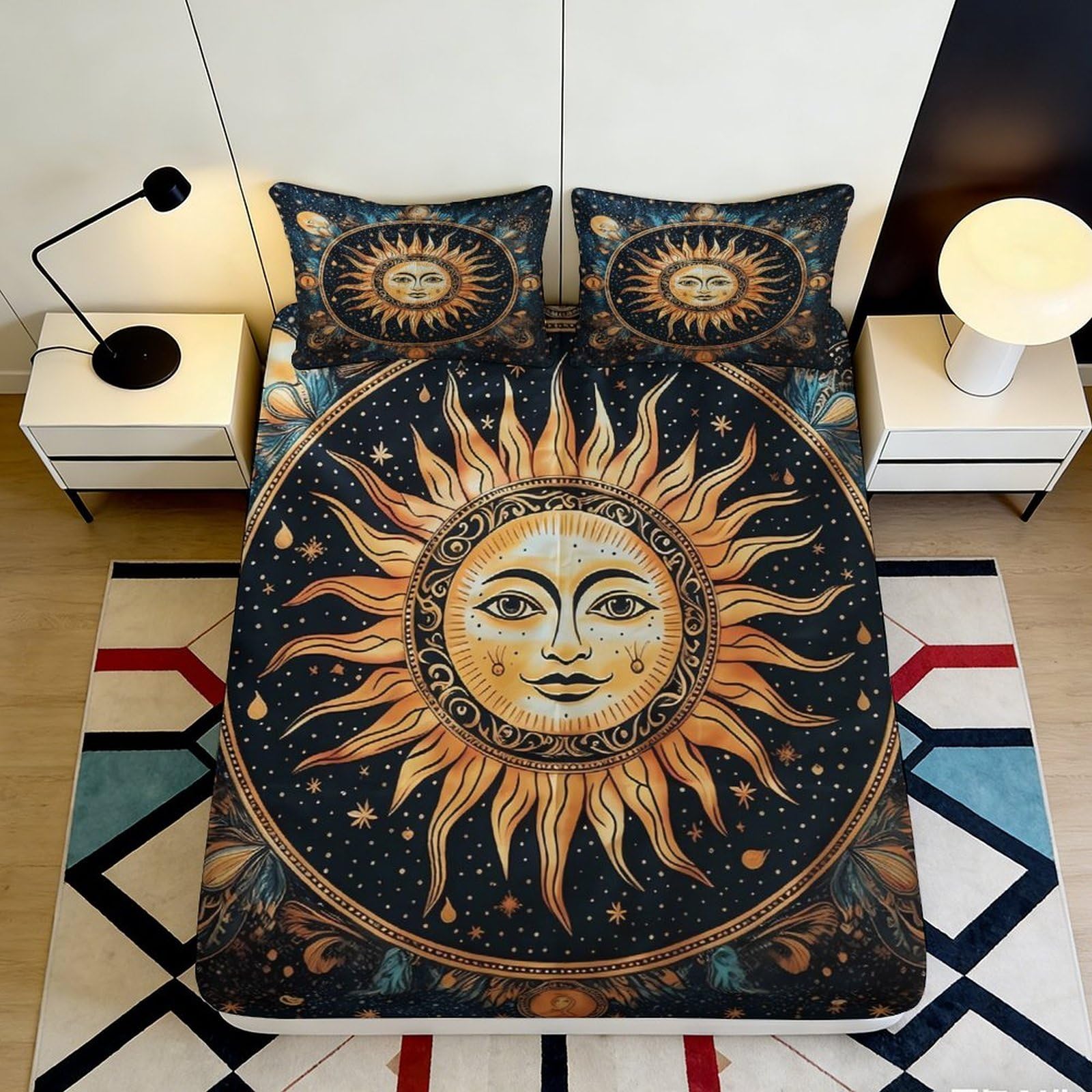 3D Printed Sun Moon Mandala Fitted Sheet Microfiber Soft Anti-Slip Celestial Bed Sheet for Bedroom Dorm Decor 200x200x25cm