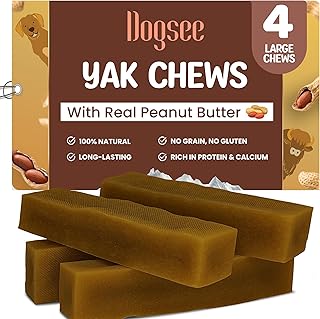 Dogsee Himalayan Yak Chew with Peanut Butter 1lb (Large - 4 Chews) | Support Muscle Growth in Dogs | Fights Plaque & Tartar | Dog Treats Healthy | Dog Chews for Teeth Cleaning