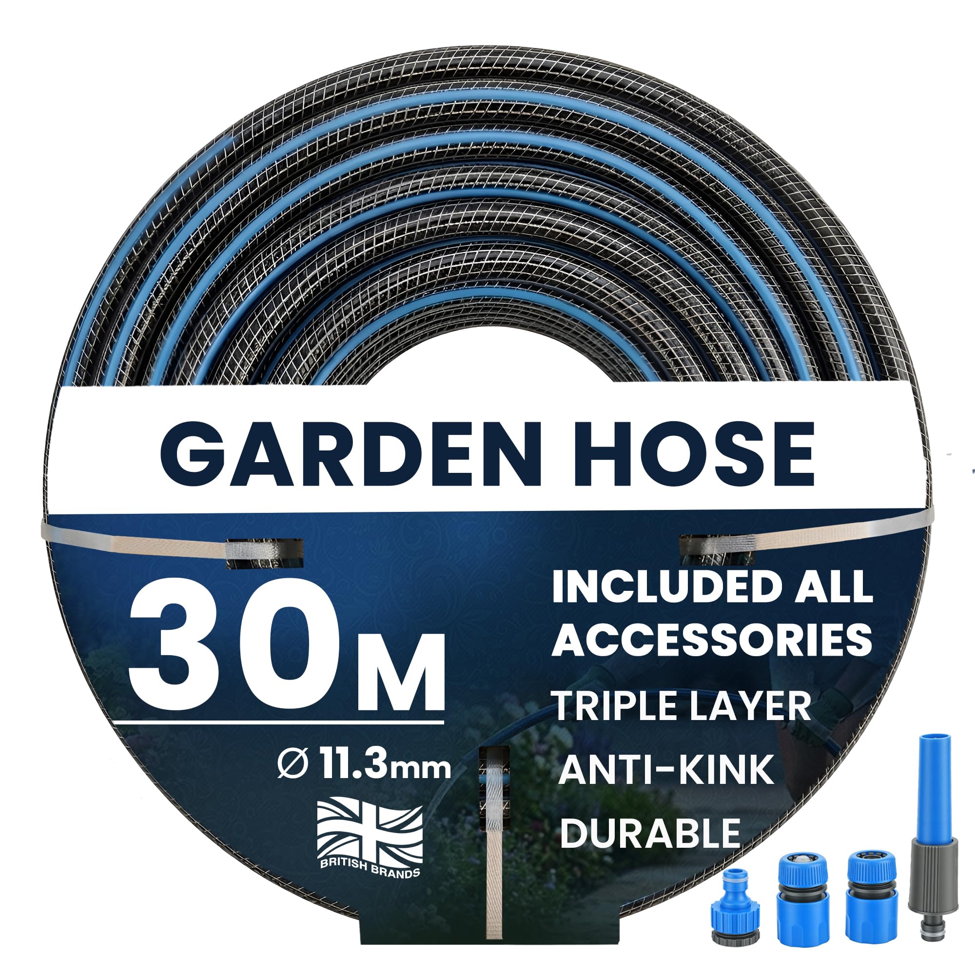 My Garden Outdoor Living Hose Pipe Anti Kink Hosepipe Inc 4 Connectors - 11.3Mm Dia - Durable Triple Layer Water Hose With Spray Nozzle - 30 M