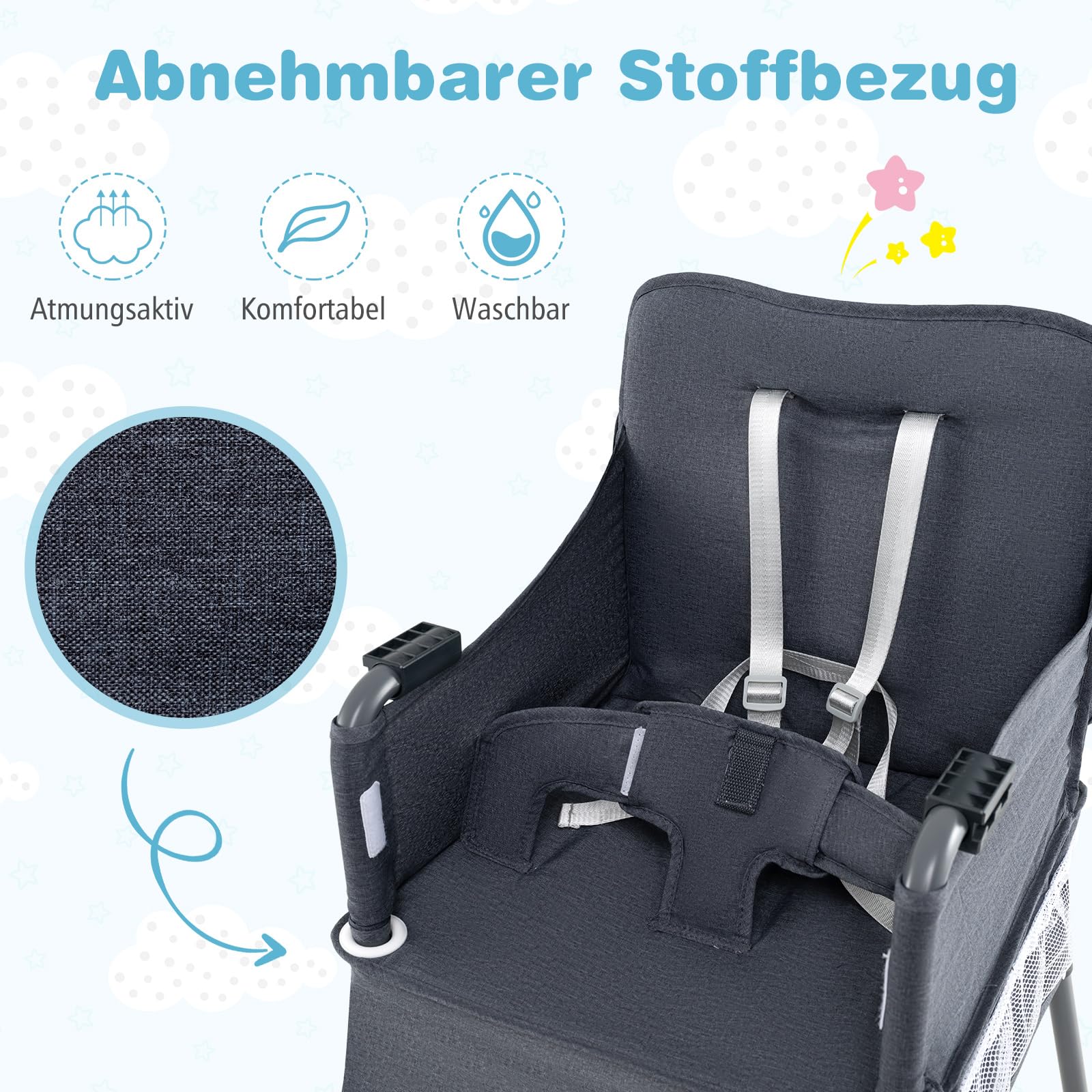 COSTWAY Hochstuhl Baby klappbar, Kinderhochstuhl mit verstellbarem Tablett, Aufbewahrungstasche & Sicherheitsgurt, Babystuhl mit Tragetasche, Babyhochstuhl für Babys von 6-36 Monaten