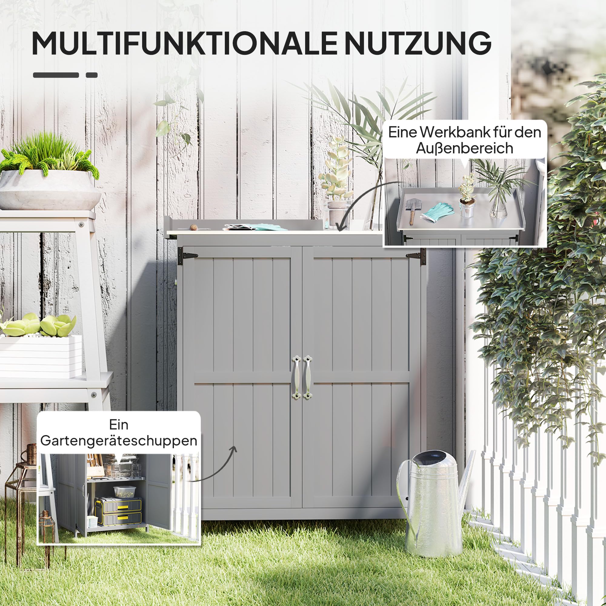 Outsunny Gartenschrank Holz wetterfest 74x43x88cm Gerätehaus mit Klappdach Ablagen Arbeitsfläche Grau