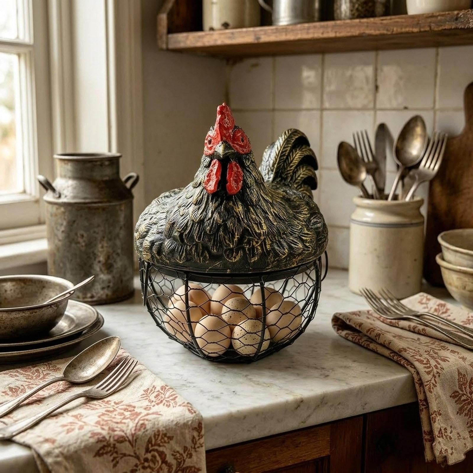Yajuyi Portador Huevos Canasta Recogida Frutas Verduras Metal Resina Diseño Creativo Función Decorativa Adecuada para Cocina Comedor Regalo, Oro, Individual