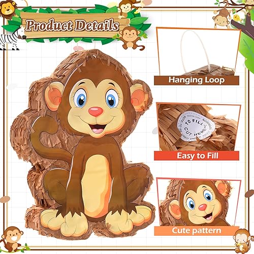 Miniatura 7 de Sratte Paquete de piñata de mono con una venda y murciélago (16 x 12 x 3 pulgadas), linda piñata de animales para fiesta de cumpleaños, juguetes de