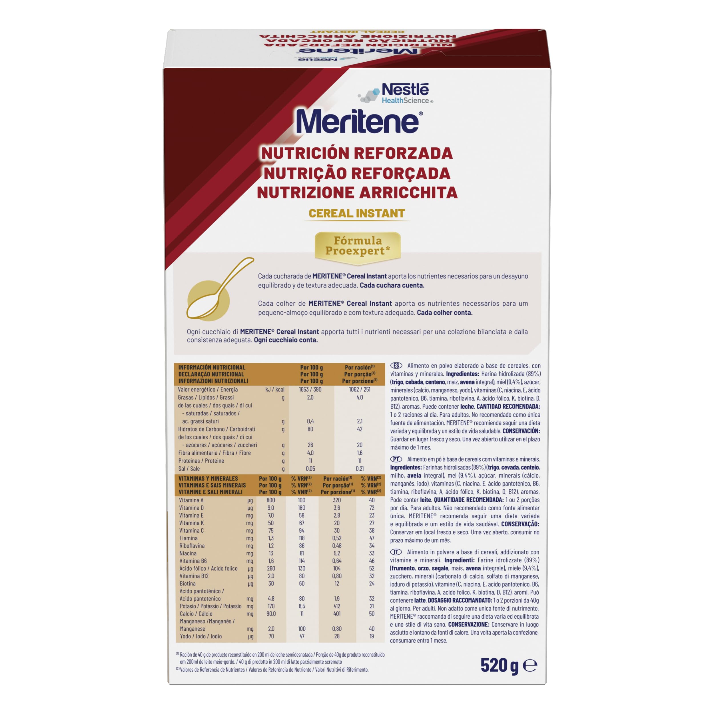 Meritene, Cereales Instantáneos en Polvo para Papilla, Sabor Miel, Nutrición Reforzada para la Alimentacion de Adultos con Disfagia y Dificultades para Masticar, 1 Sobre 520 Gr