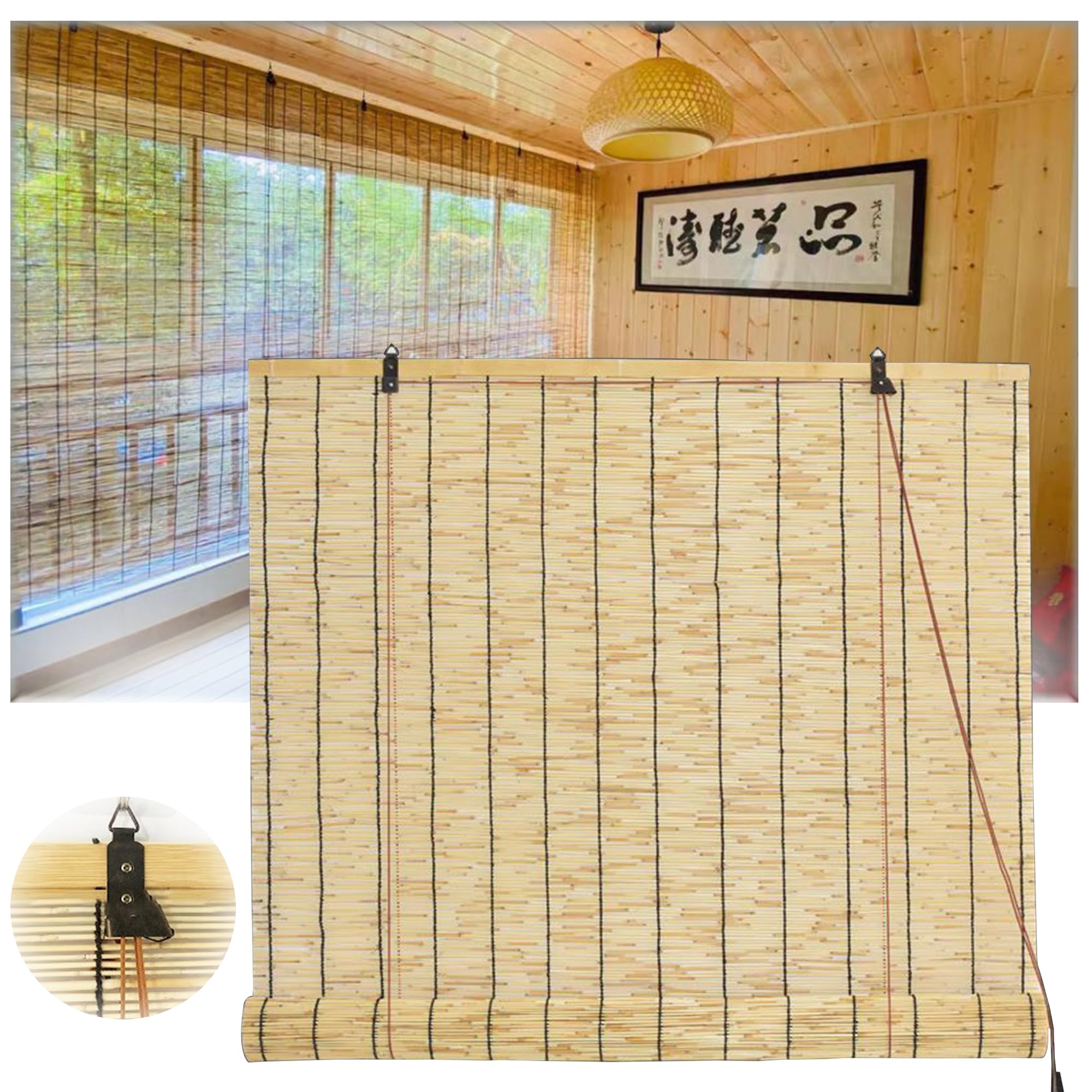 SSFMSF Sunshade Bamboo Roller Blind, Custom Made Natural Reed Blinds, With Lifter Bamboo Outdoor Shades for Patio Indoor Outdoor Porch Privacy No Drilling. (Size:85cmx290cm/33.46inx114.17in)