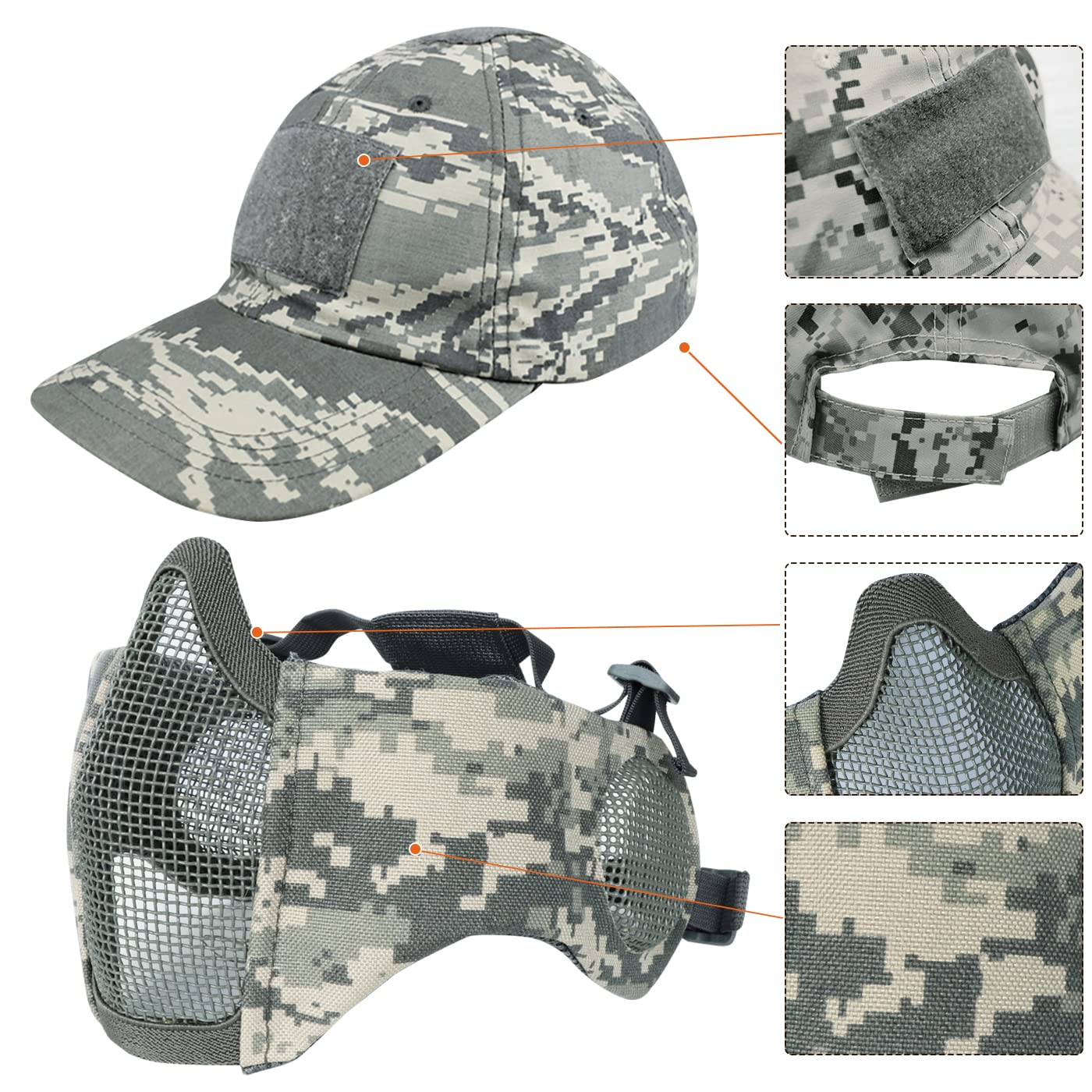 Airsoft - Juego de máscara de media cara y sombrero, máscara de malla de acero con protección para los oídos y gorra de béisbol, máscara protectora táctica para juegos CS, pistola BB, paintball, caza, tiro