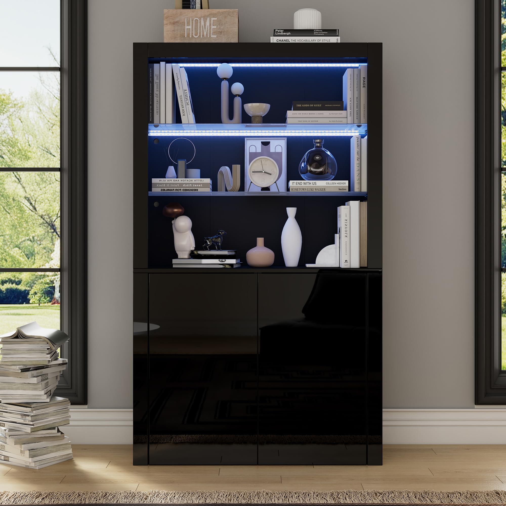 BTM 100x35x170cm Schrank,Vitrine Hochglanz Lagerschrank mit LED-Beleuchtung,2 Glasboden,2 Schränke,Highboard, Wohnzimmerschrank, Aufbewahrungsschrank, Hochschrank, Schwarz